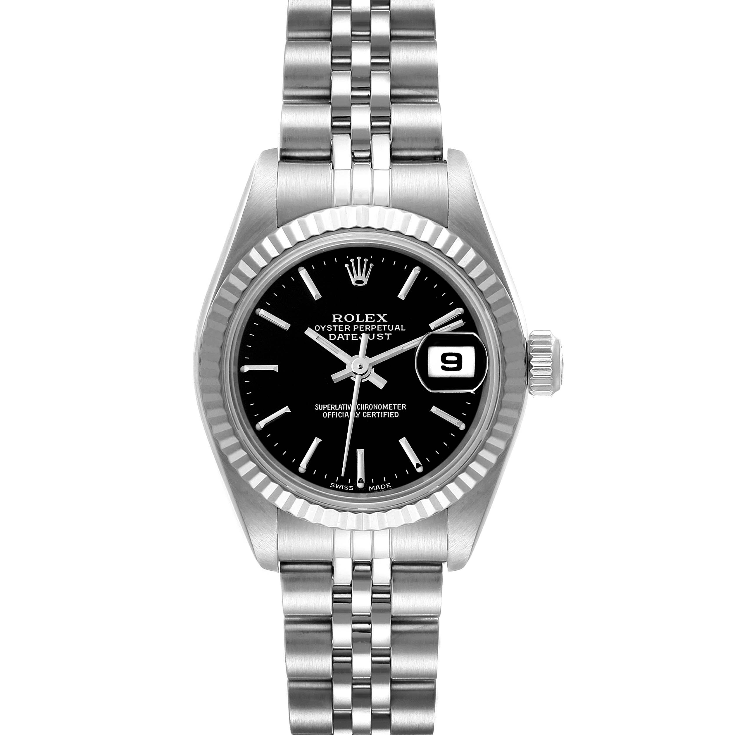 The image shows a front view of a Rolex Datejust 79174 Women's Stainless Steel Black Dial 79174 Women's Stainless Steel Black Dial watch, displaying its black dial, fluted bezel, and Jubilee bracelet.
