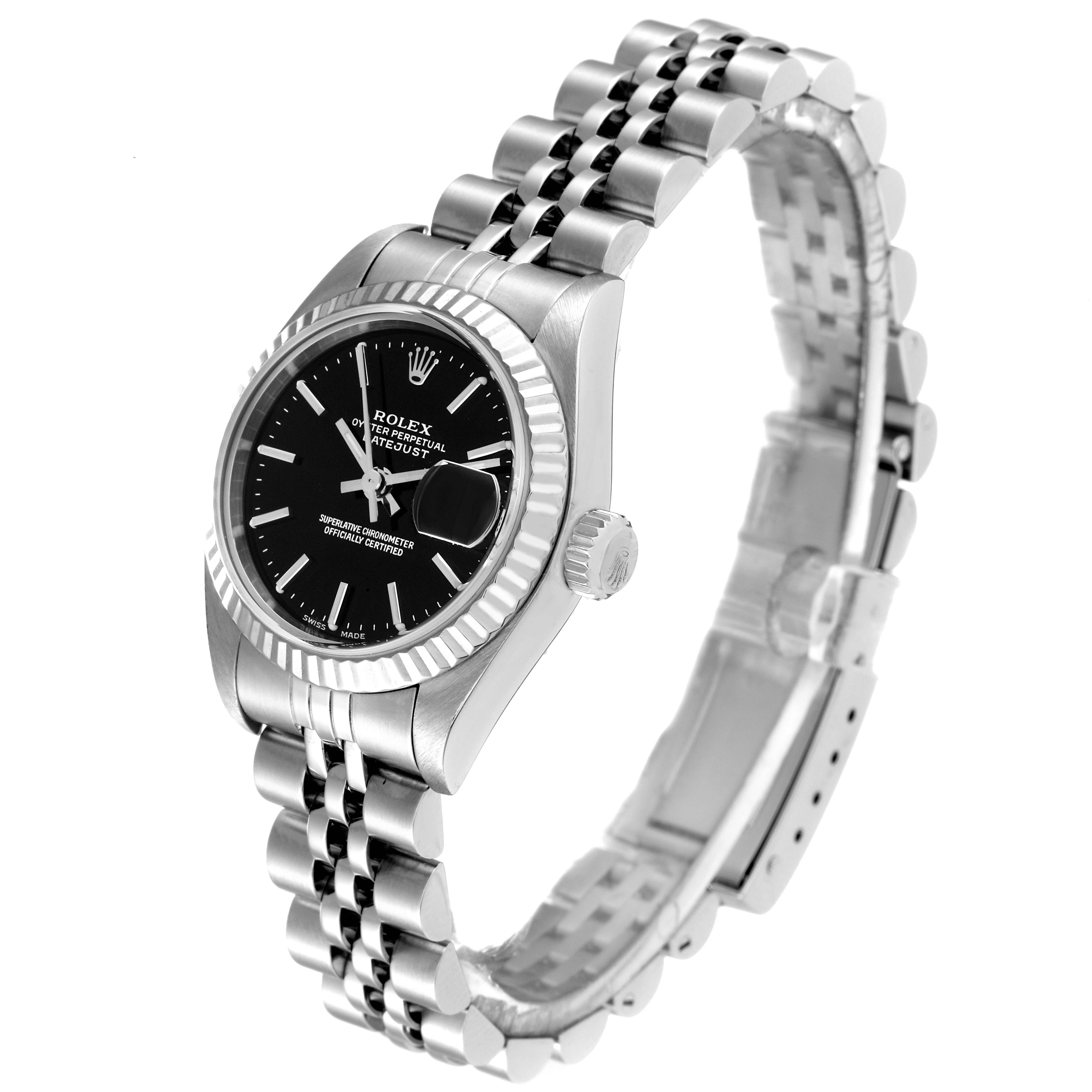 This image shows a side and slightly tilted view of a Rolex Datejust 79174 Women's Stainless Steel Black Dial 79174 Women's Stainless Steel Black Dial, highlighting the face, bezel, crown, and metal bracelet.