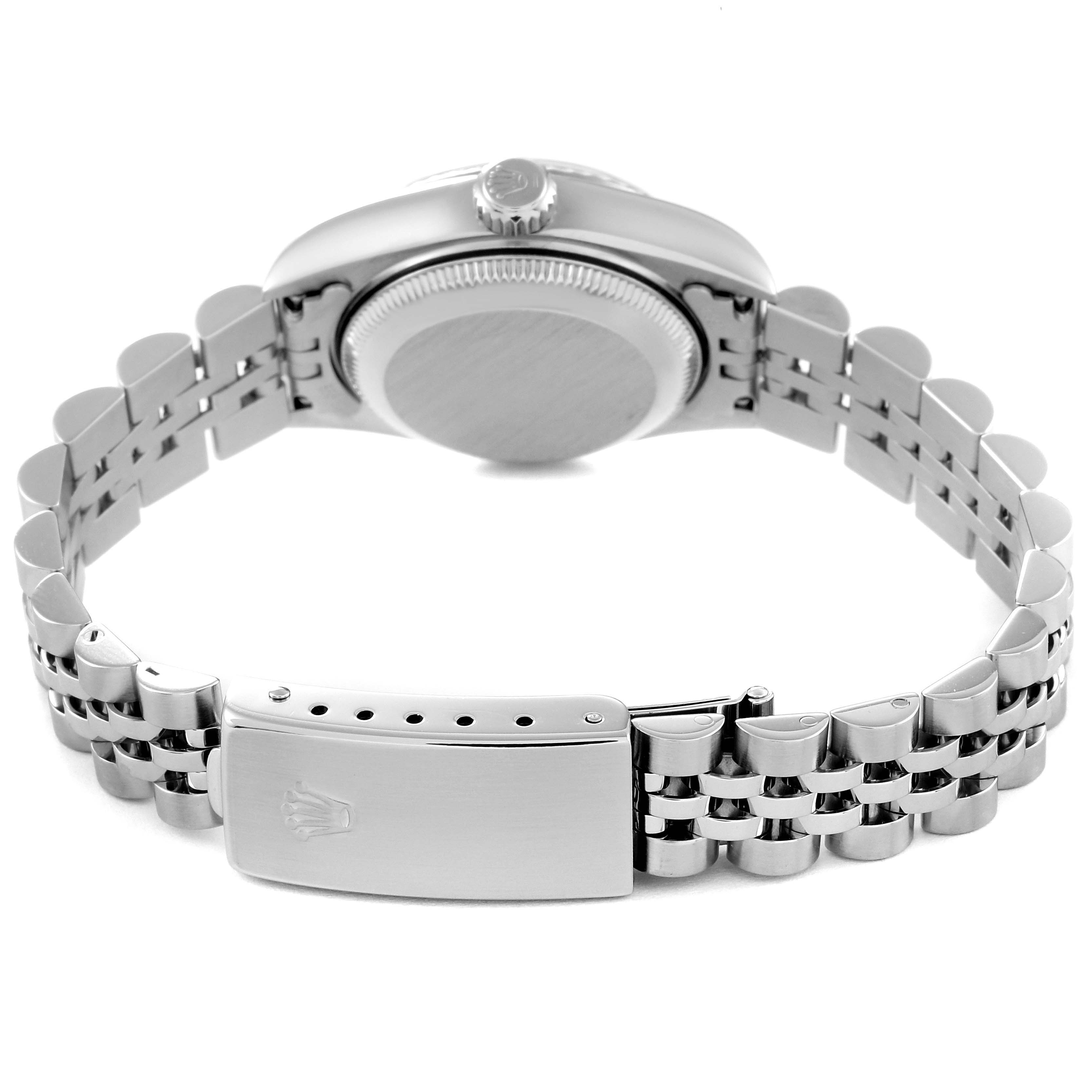 The image shows the back and clasp of a Rolex Datejust 79174 Women's Stainless Steel Black Dial 79174 Women's Stainless Steel Black Dial watch, focusing on its bracelet and case.