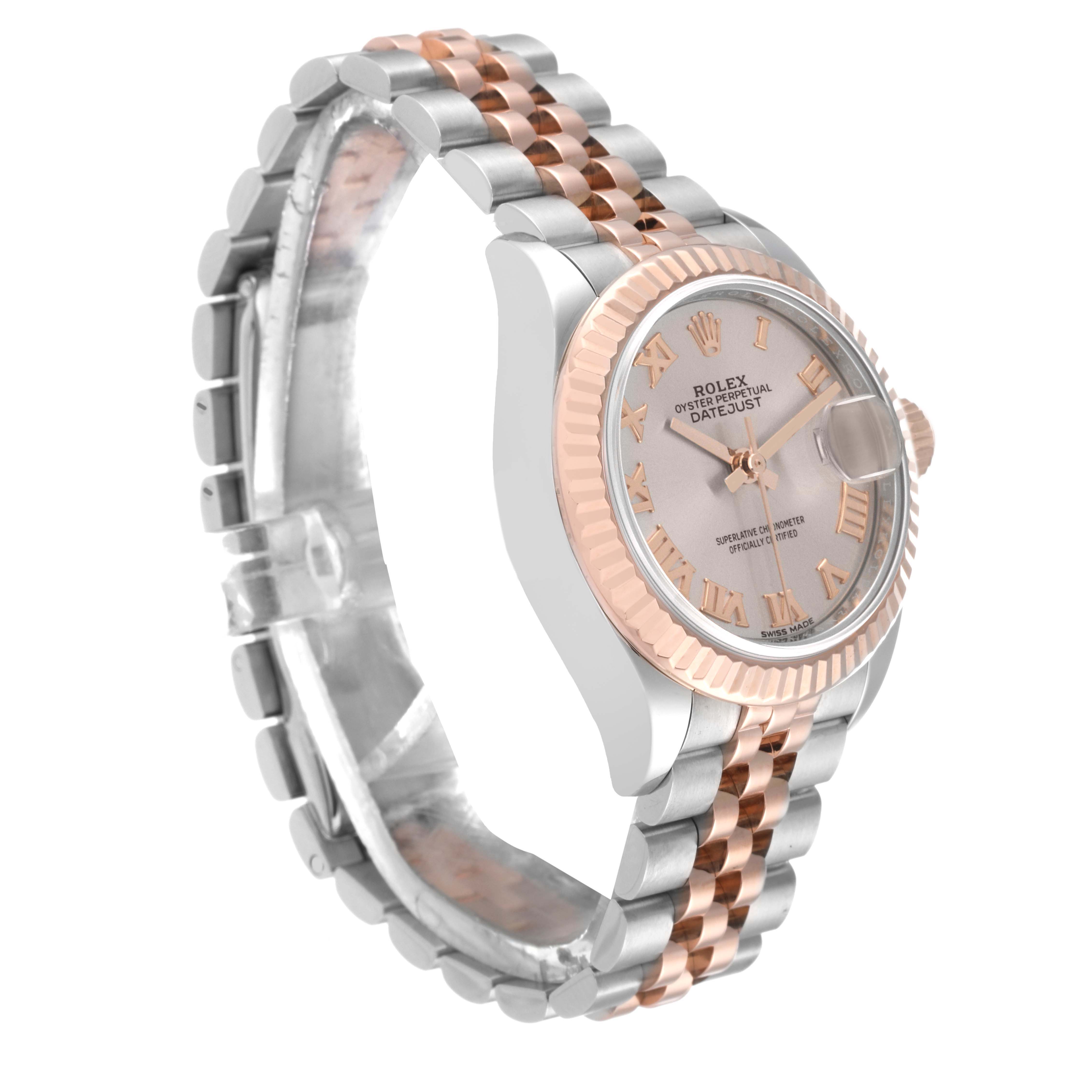 This image shows a side view of a Rolex Datejust 279171 Women's Steel and Gold (two tone) Silver Dial 279171 Women's Steel and Gold (two tone) Silver Dial watch featuring its bezel, dial, and two-tone metal bracelet.