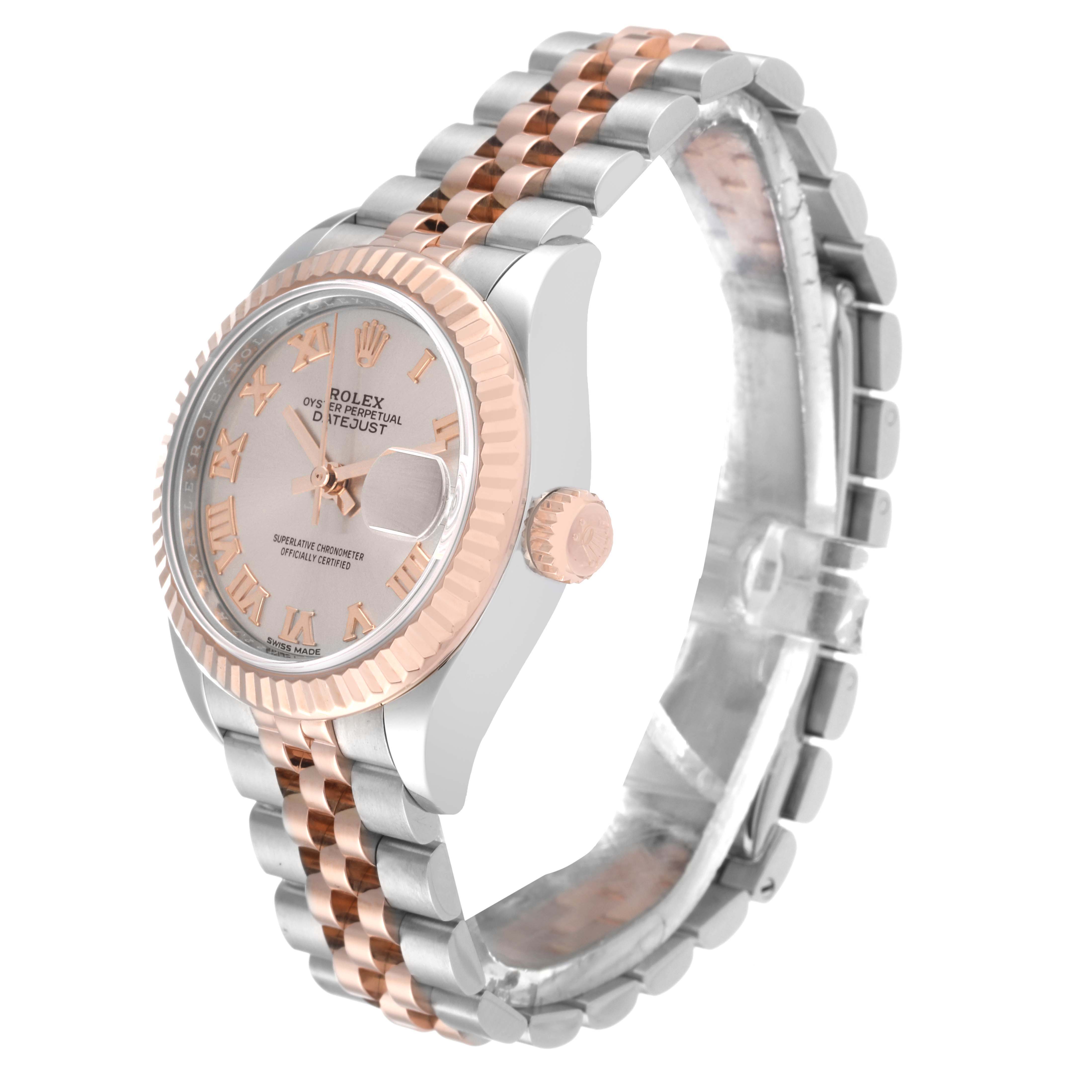 The image shows a side angle of a Rolex Datejust 279171 Women's Steel and Gold (two tone) Silver Dial 279171 Women's Steel and Gold (two tone) Silver Dial watch, highlighting the face, bezel, crown, and two-tone bracelet.