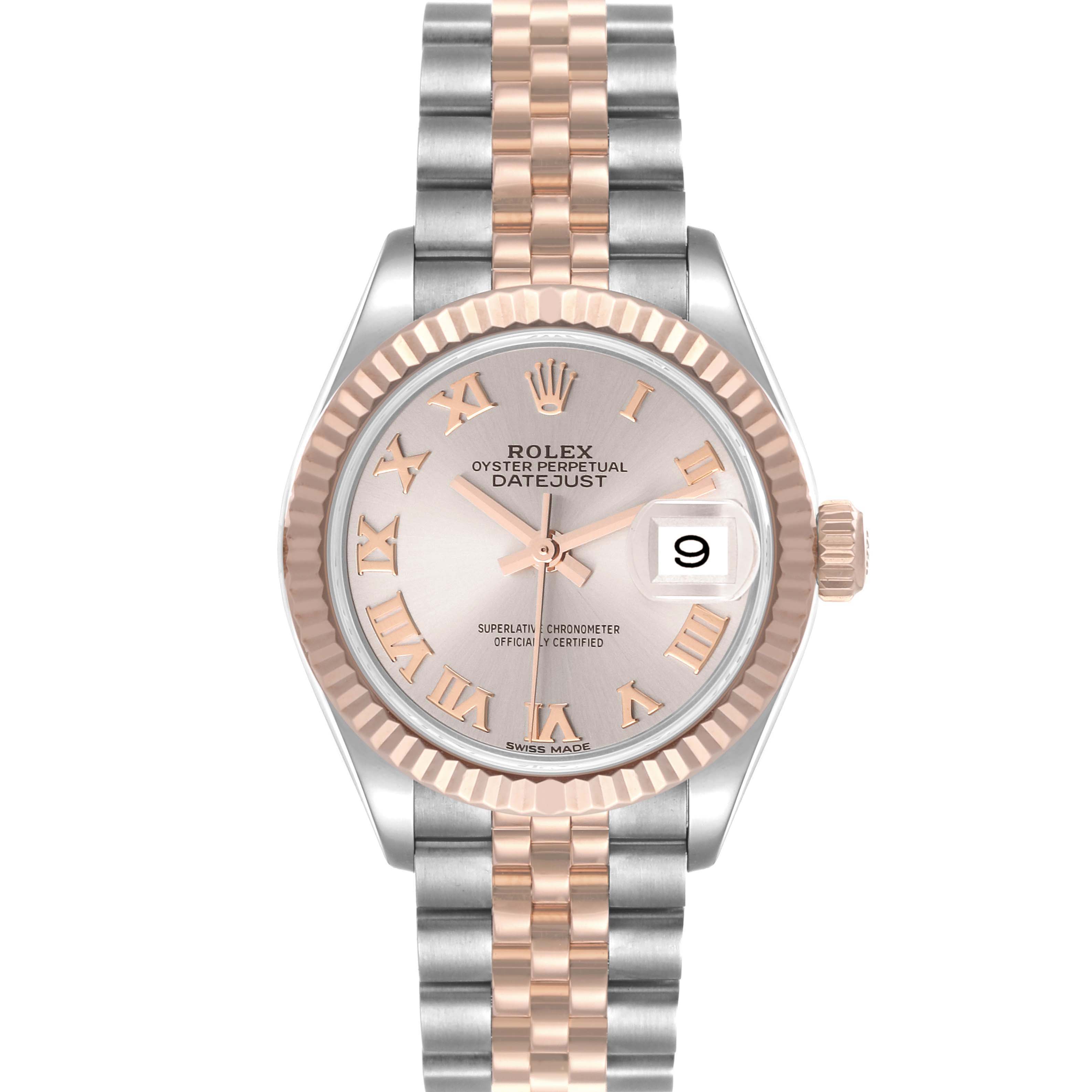 The Rolex Datejust 279171 Women's Steel and Gold (two tone) Silver Dial 279171 Women's Steel and Gold (two tone) Silver Dial watch is shown from a front angle, featuring its face, bezel, bracelet, and date display.