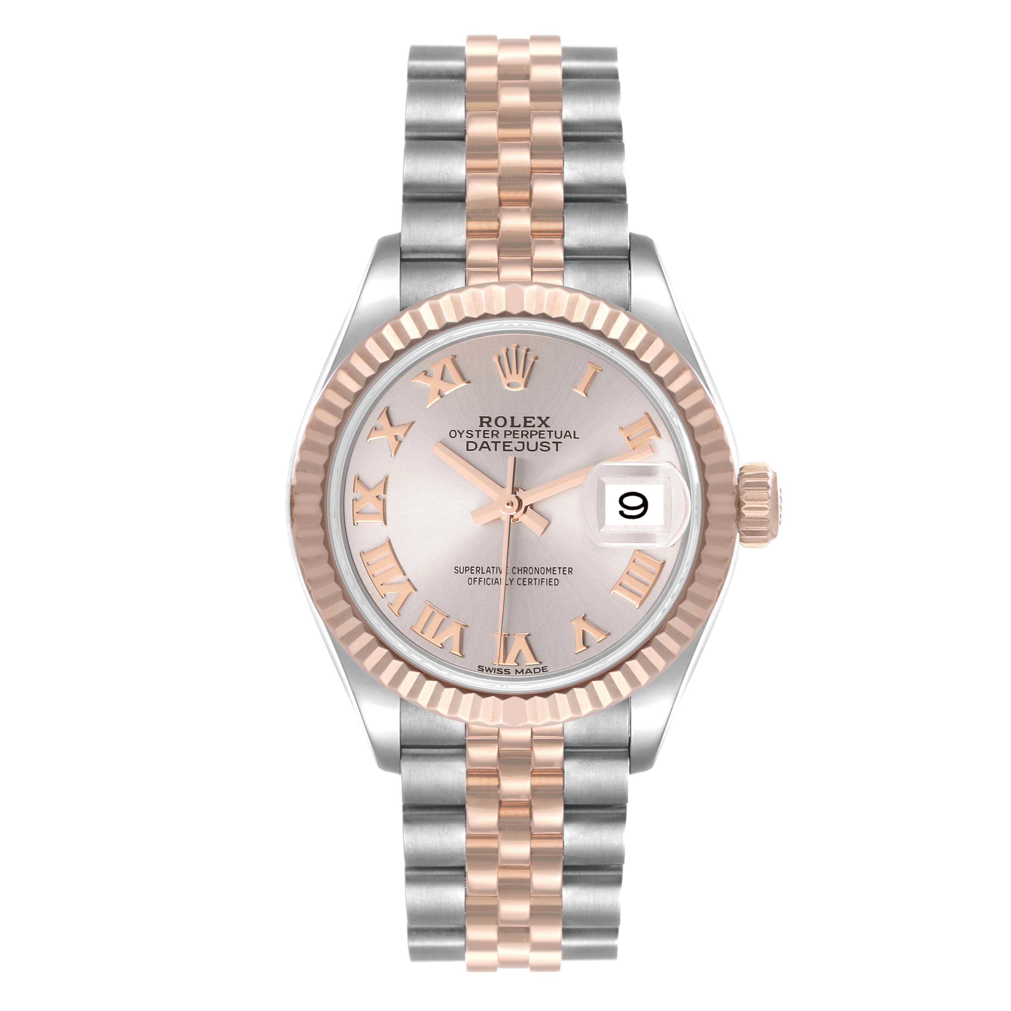 The image shows a frontal view of the Rolex Datejust 279171 Women's Steel and Gold (two tone) Silver Dial 279171 Women's Steel and Gold (two tone) Silver Dial watch, highlighting the bezel, dial, hour markers, hands, date window, and bracelet.