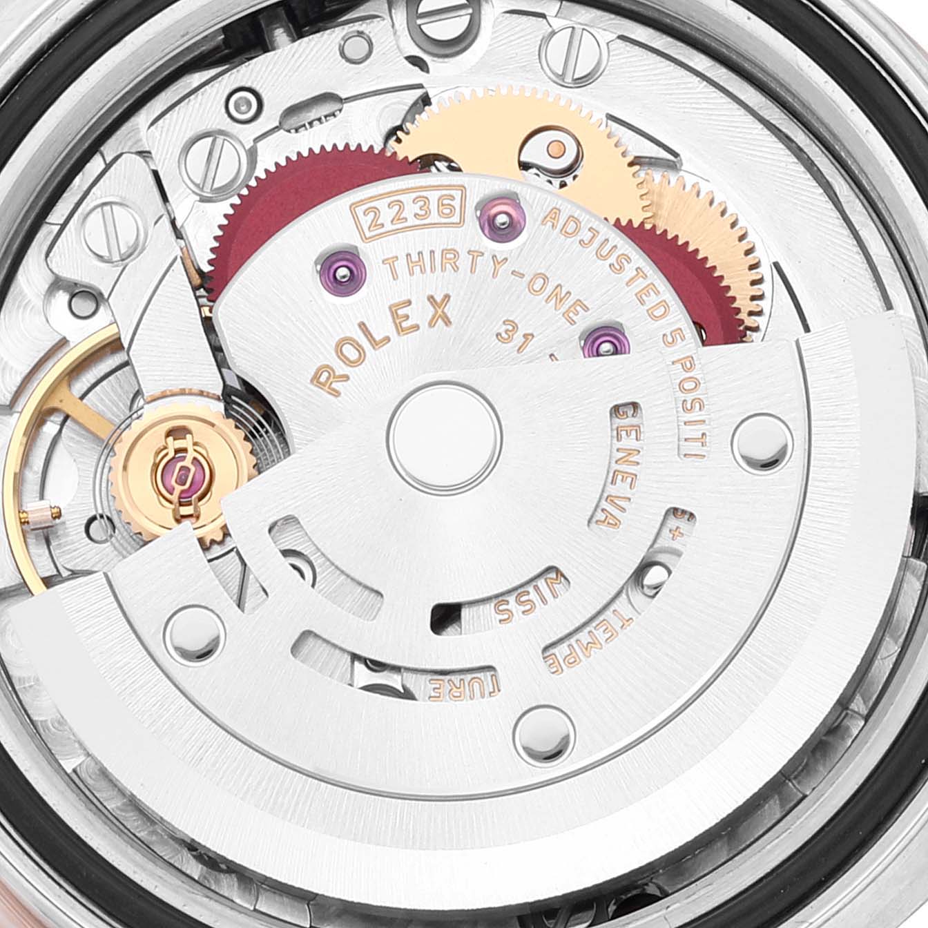 The image shows the movement and intricate inner workings of a Rolex Datejust 279171 Women's Steel and Gold (two tone) Silver Dial 279171 Women's Steel and Gold (two tone) Silver Dial watch from a close-up, top-down angle.