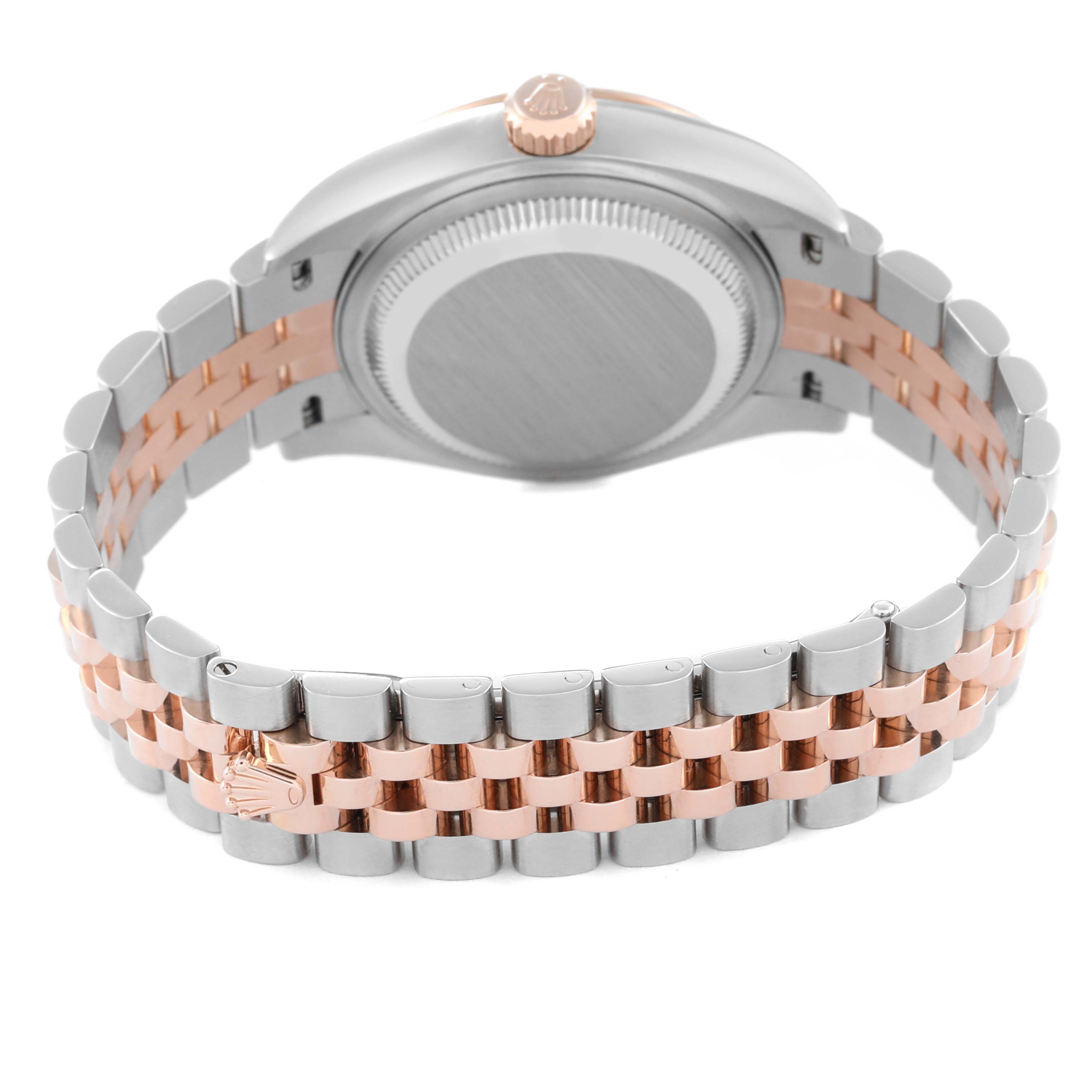 This image shows the back and bracelet of a Rolex Datejust 279171 Women's Steel and Gold (two tone) Silver Dial 279171 Women's Steel and Gold (two tone) Silver Dial watch at a rear angle.