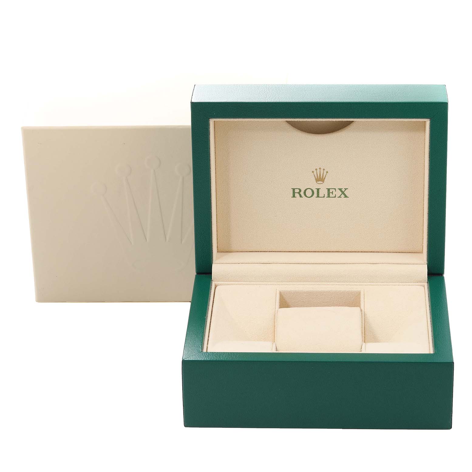 The image shows an open green Rolex Datejust 279171 Women's Steel and Gold (two tone) Silver Dial 279171 Women's Steel and Gold (two tone) Silver Dial watch box, showcasing its interior compartments and the Rolex logo.