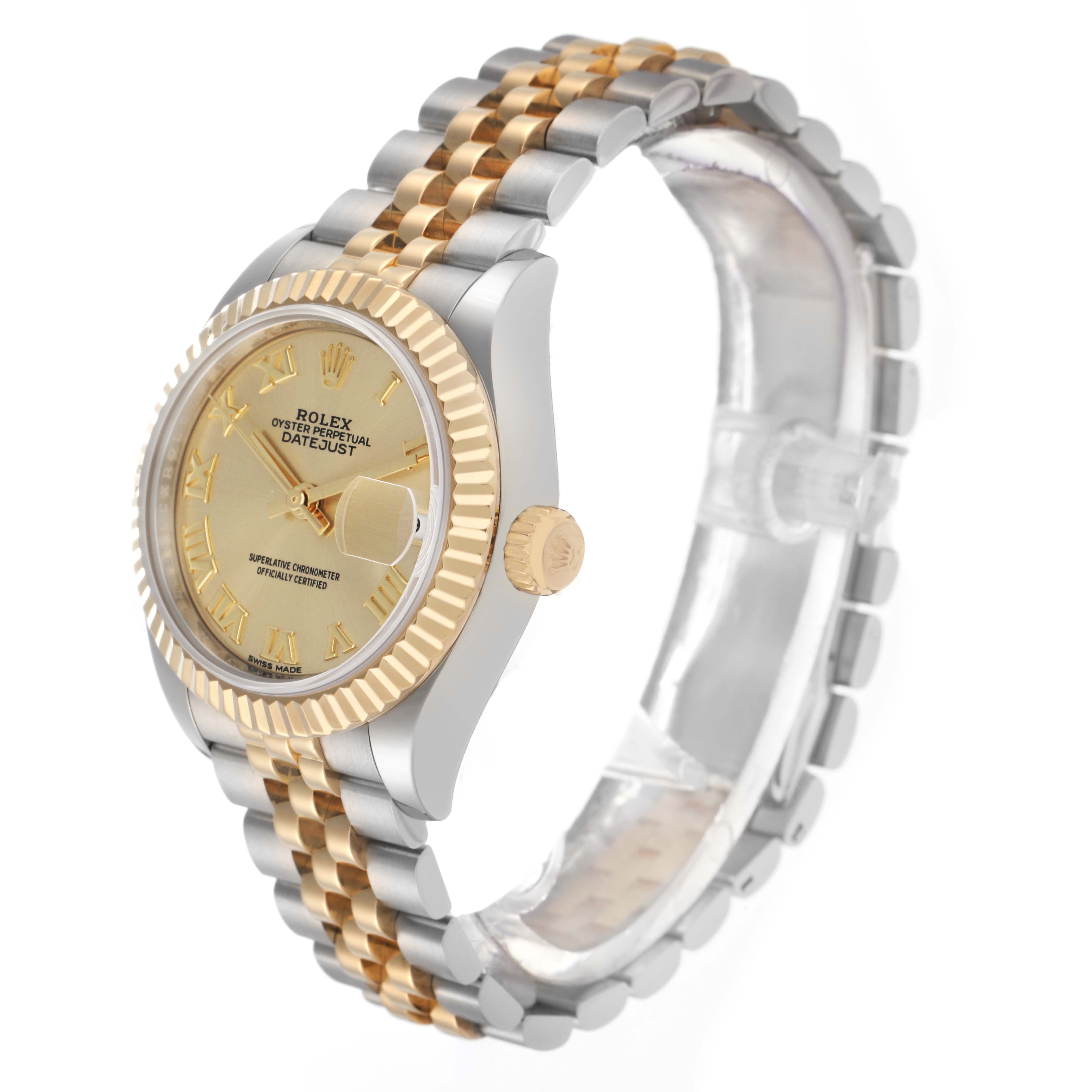 The Rolex Datejust model 279173 men
s watch is angled to show the side and part of the bracelet, highlighting the gold bezel and two-tone links.