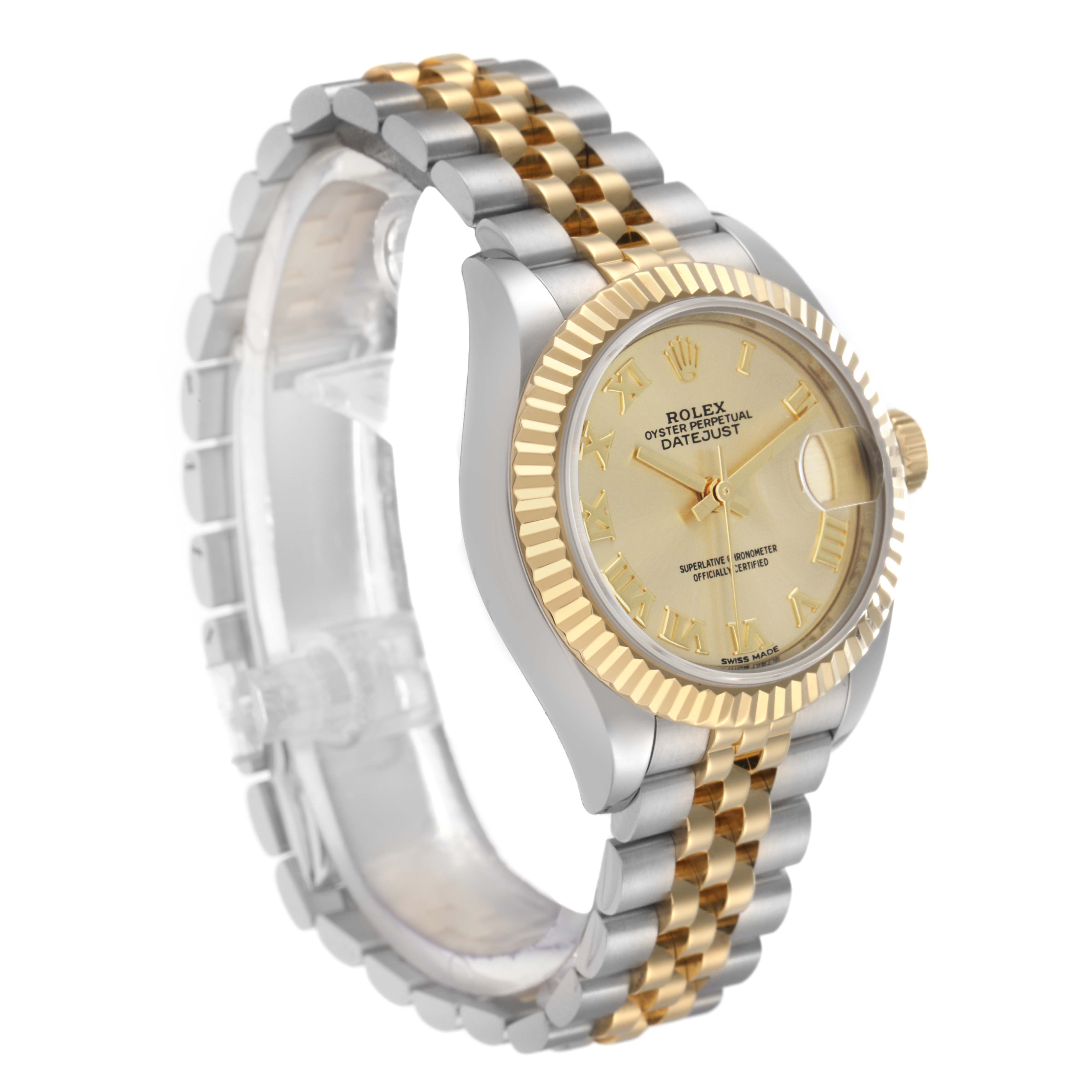The Rolex Datejust model 279173 is shown at an angle displaying the face, bezel, crown, and two-tone bracelet.