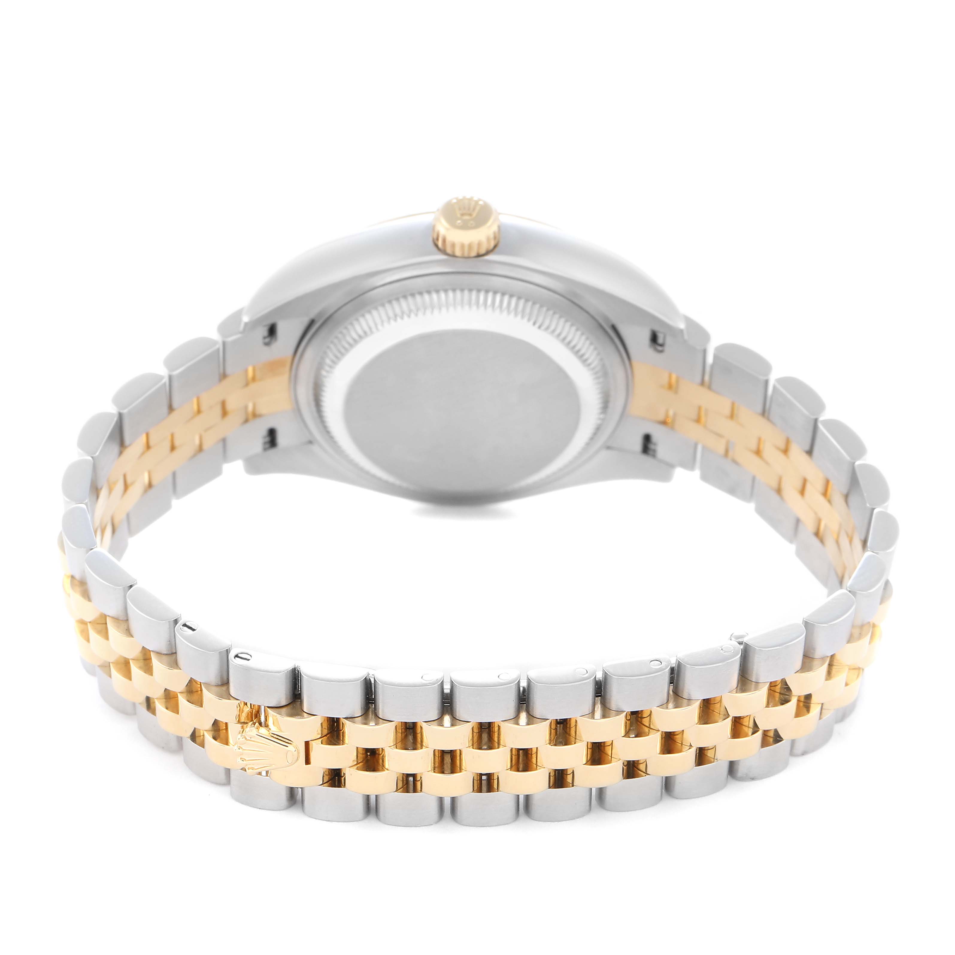 The image shows the back of a Rolex Datejust model 279173 men
s watch with its bracelet partially visible, highlighting the dual-tone metal links and the case back.