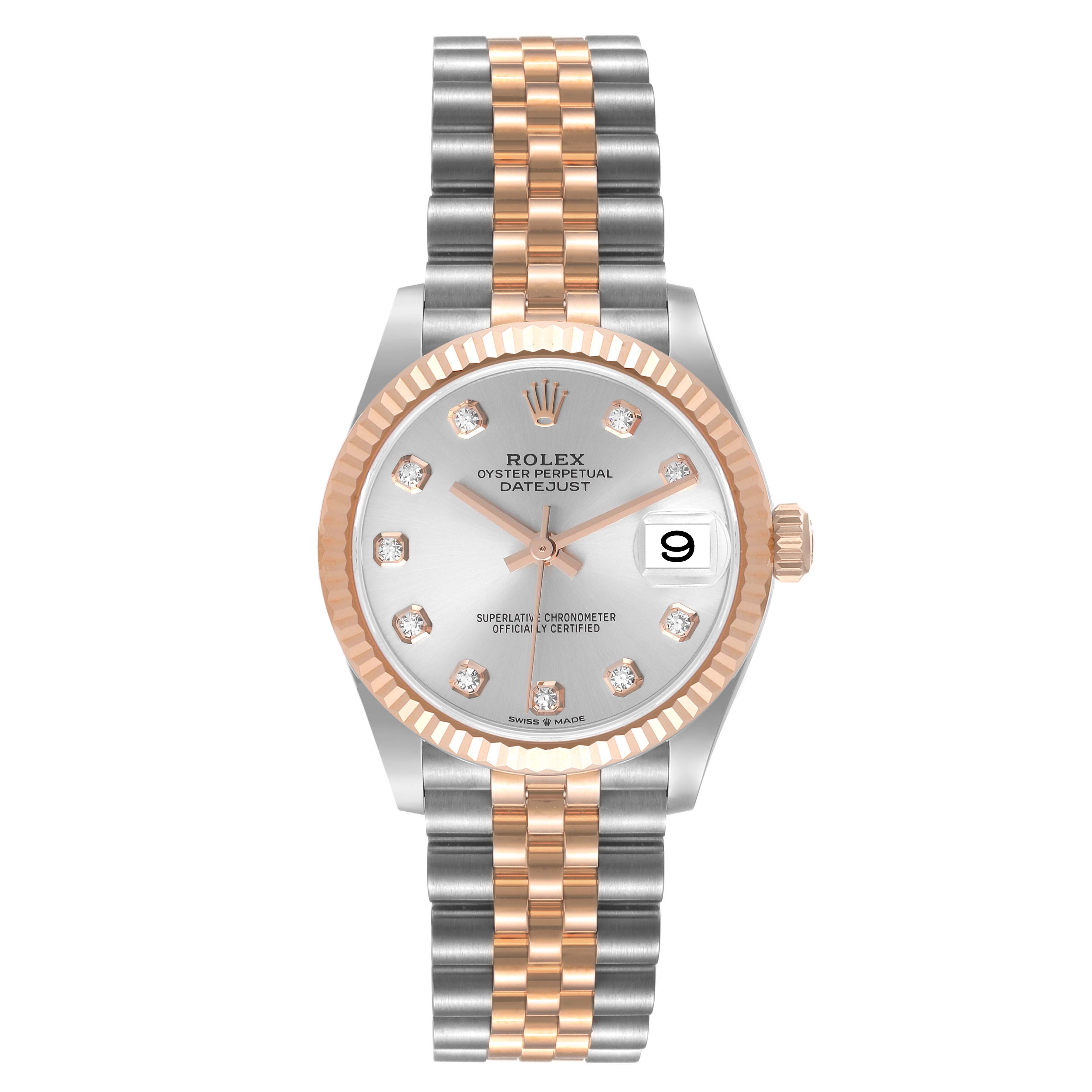 The image shows a front view of a Rolex Datejust 278271 Women
s Steel and Gold (two tone) Silver Dial 278271 Women
s Steel and Gold (two tone) Silver Dial watch with a two-tone bracelet, silver dial, and diamond hour markers.