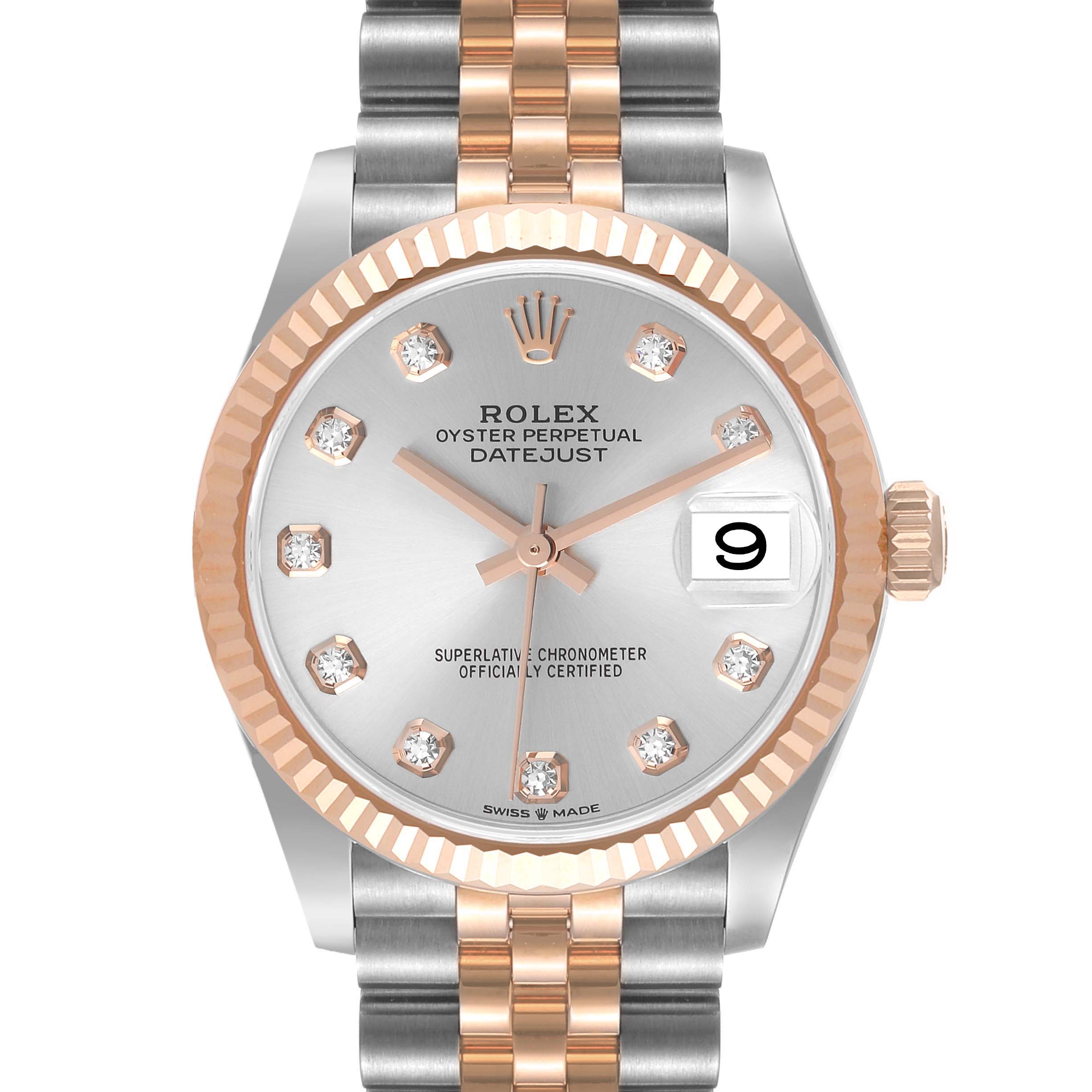 The image shows a front view of a Rolex Datejust 278271 Women
s Steel and Gold (two tone) Silver Dial 278271 Women
s Steel and Gold (two tone) Silver Dial watch with a silver dial, diamond hour markers, and a two-tone bracelet.
