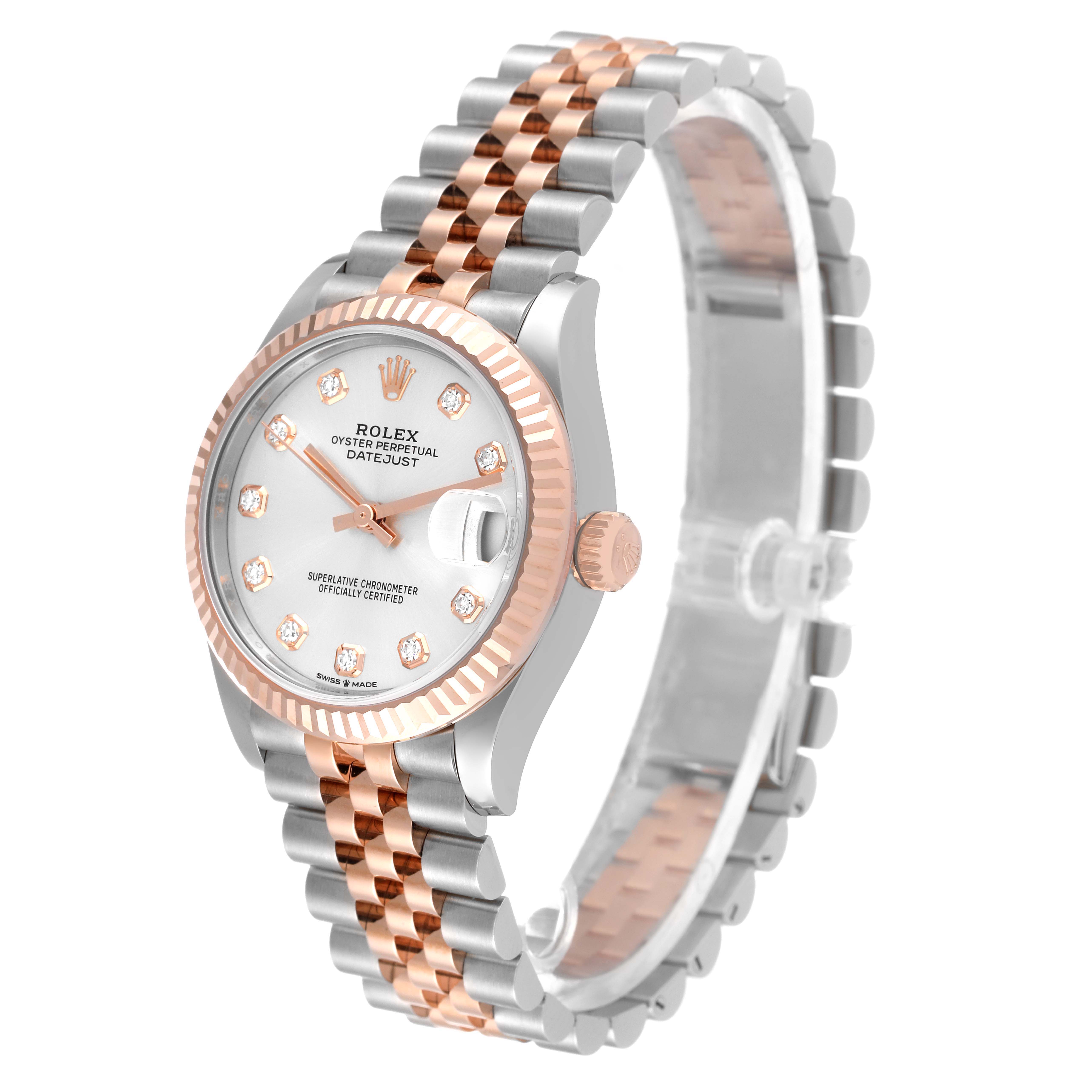 This Rolex Datejust 278271 Women
s Steel and Gold (two tone) Silver Dial 278271 Women
s Steel and Gold (two tone) Silver Dial watch is shown at a three-quarter angle, displaying the full face, bezel, and bracelet.