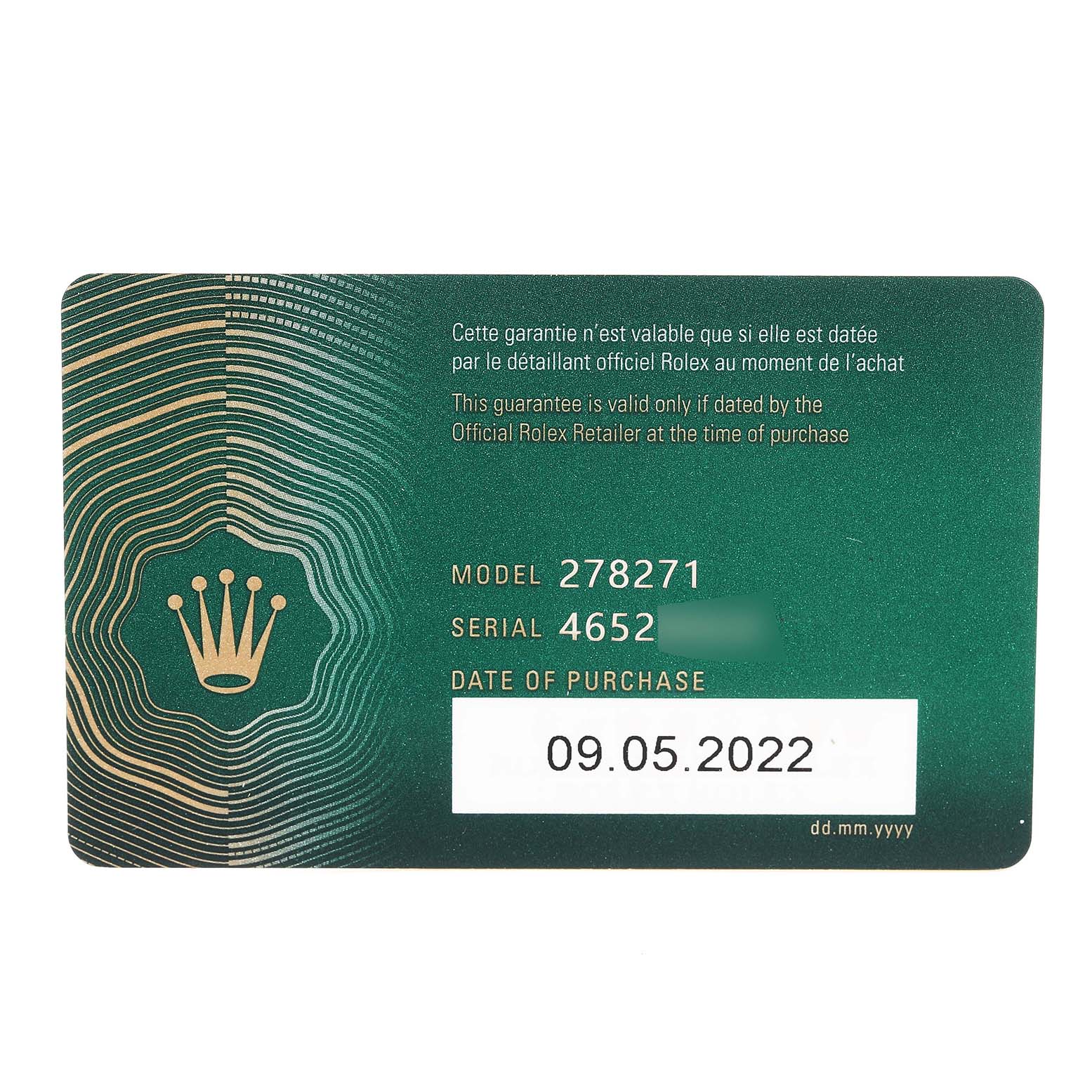 This image shows the warranty card for a Rolex Datejust 278271 Women
s Steel and Gold (two tone) Silver Dial 278271 Women
s Steel and Gold (two tone) Silver Dial model, displaying model number 278271 and date of purchase 09.05.2022.