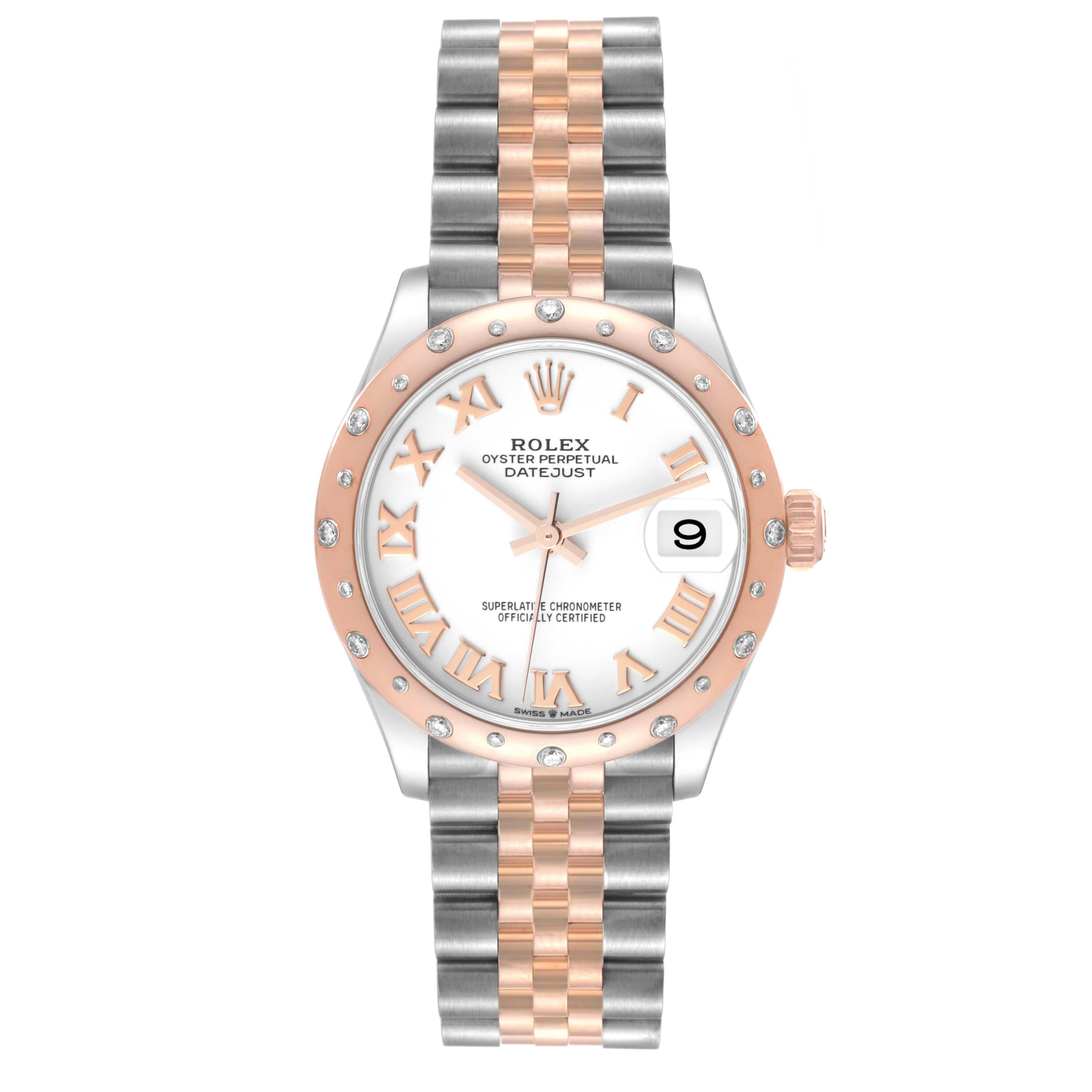 The Rolex Mid-Size 278341 Women's Steel and Gold (two tone) White Dial 278341 Women's Steel and Gold (two tone) White Dial Datejust watch is shown from a front view, displaying the face, bezel, bracelet, and crown.