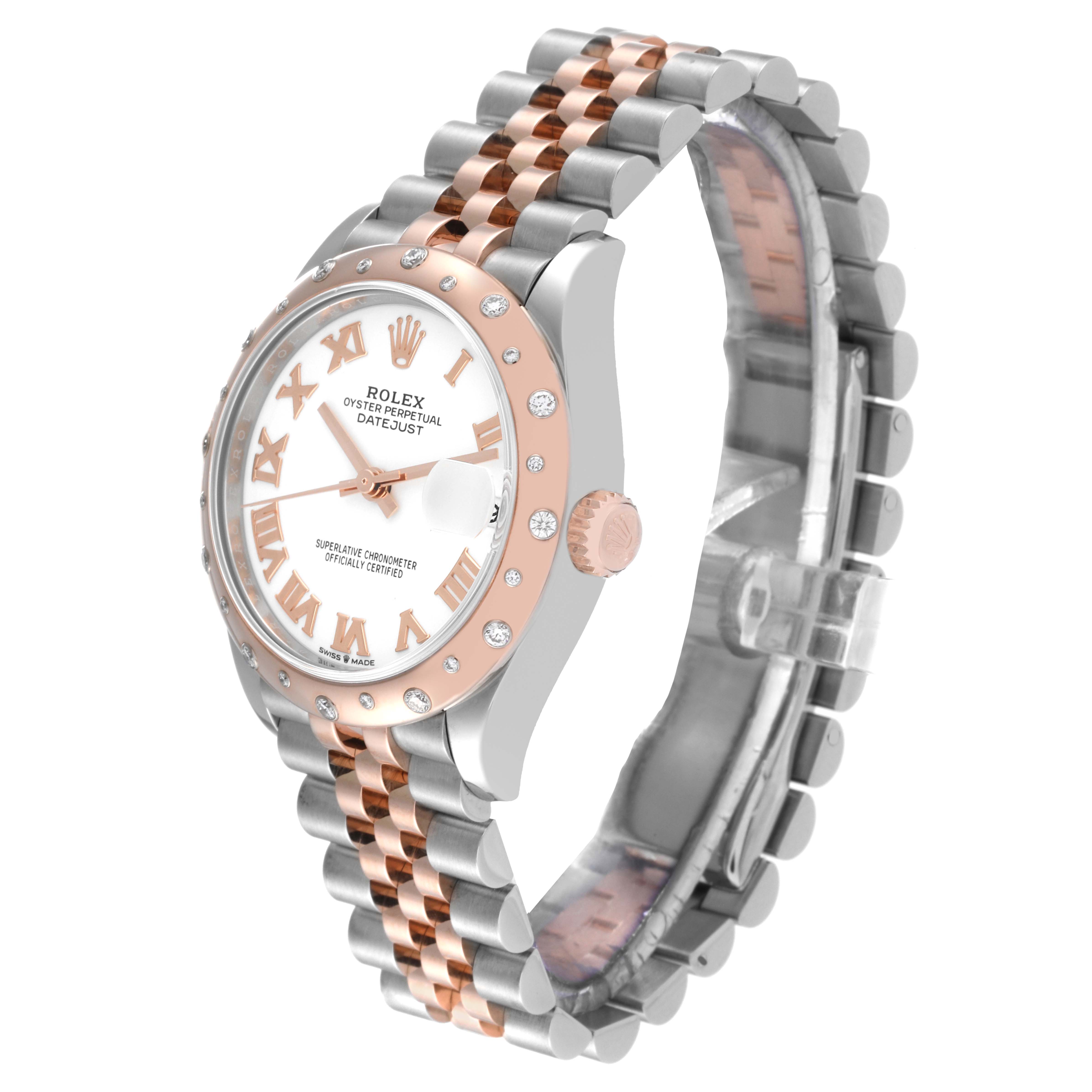 The image shows a side angle view of the Rolex Mid-Size 278341 Women's Steel and Gold (two tone) White Dial 278341 Women's Steel and Gold (two tone) White Dial Datejust watch, highlighting its face, bezel, crown, and bracelet.