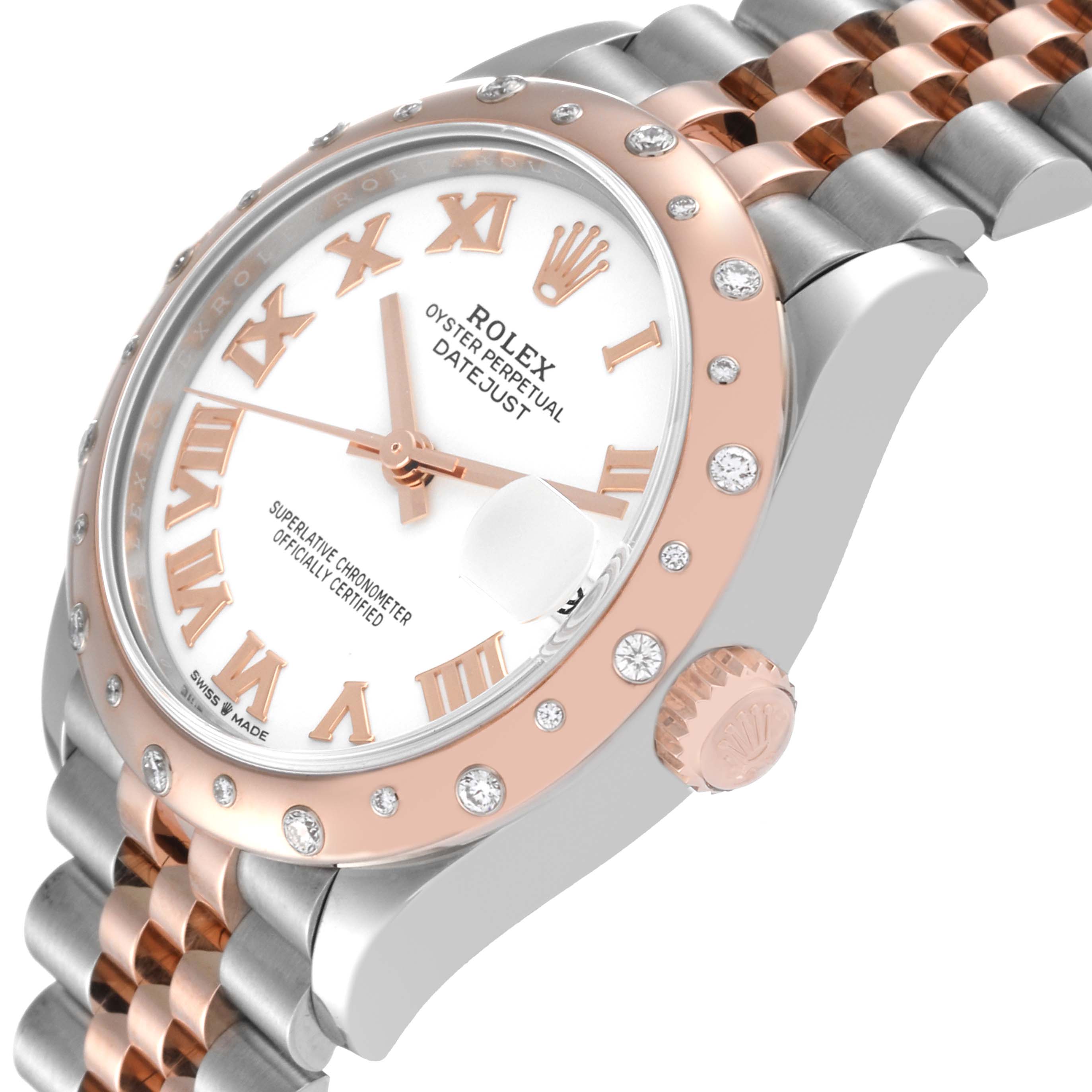 The image shows a close-up, angled view of a Rolex Mid-Size 278341 Women's Steel and Gold (two tone) White Dial 278341 Women's Steel and Gold (two tone) White Dial Datejust watch, highlighting the dial, bezel, crown, and part of the bracelet.