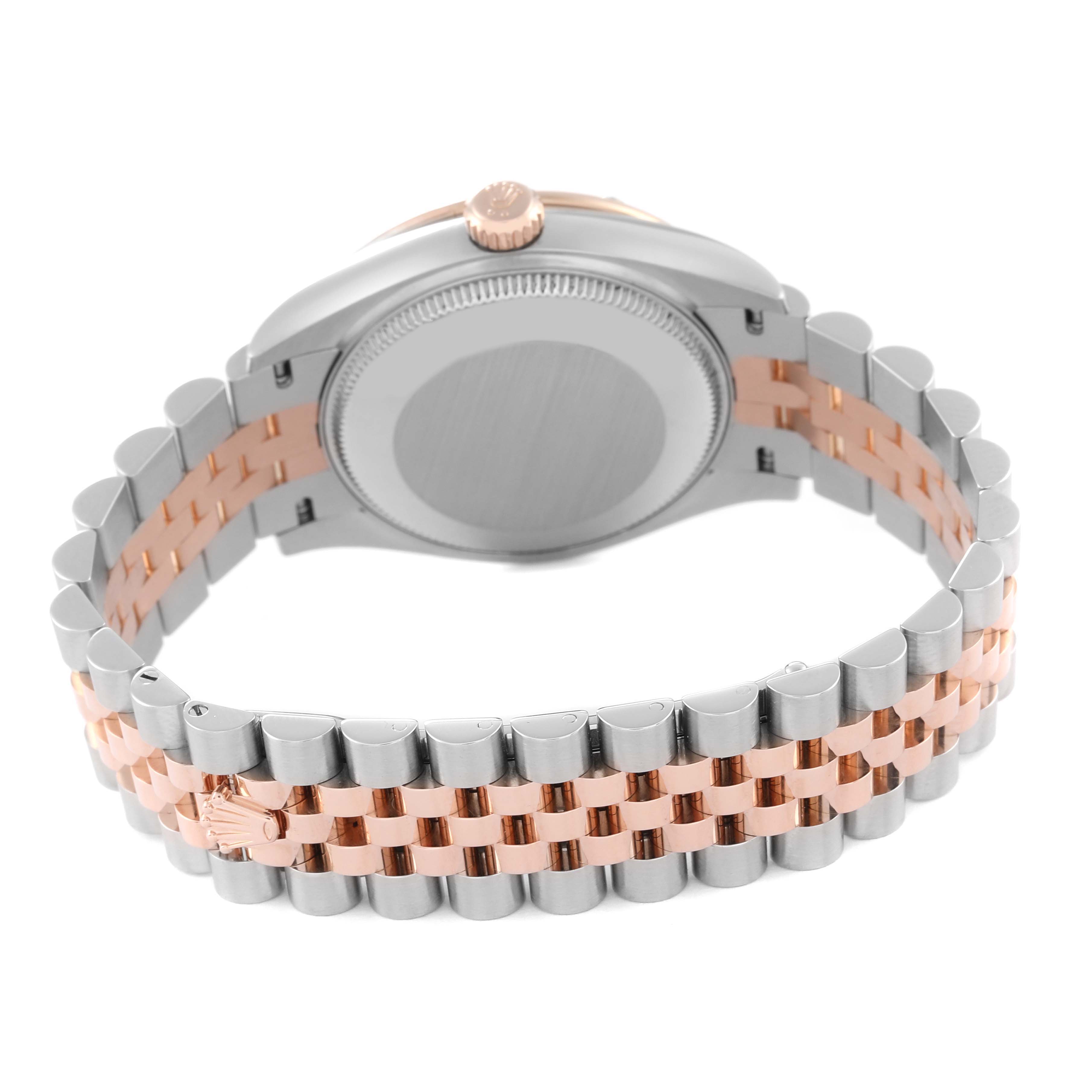 This image shows the back and bracelet of a Mid-Size Rolex watch with a two-tone metal design.