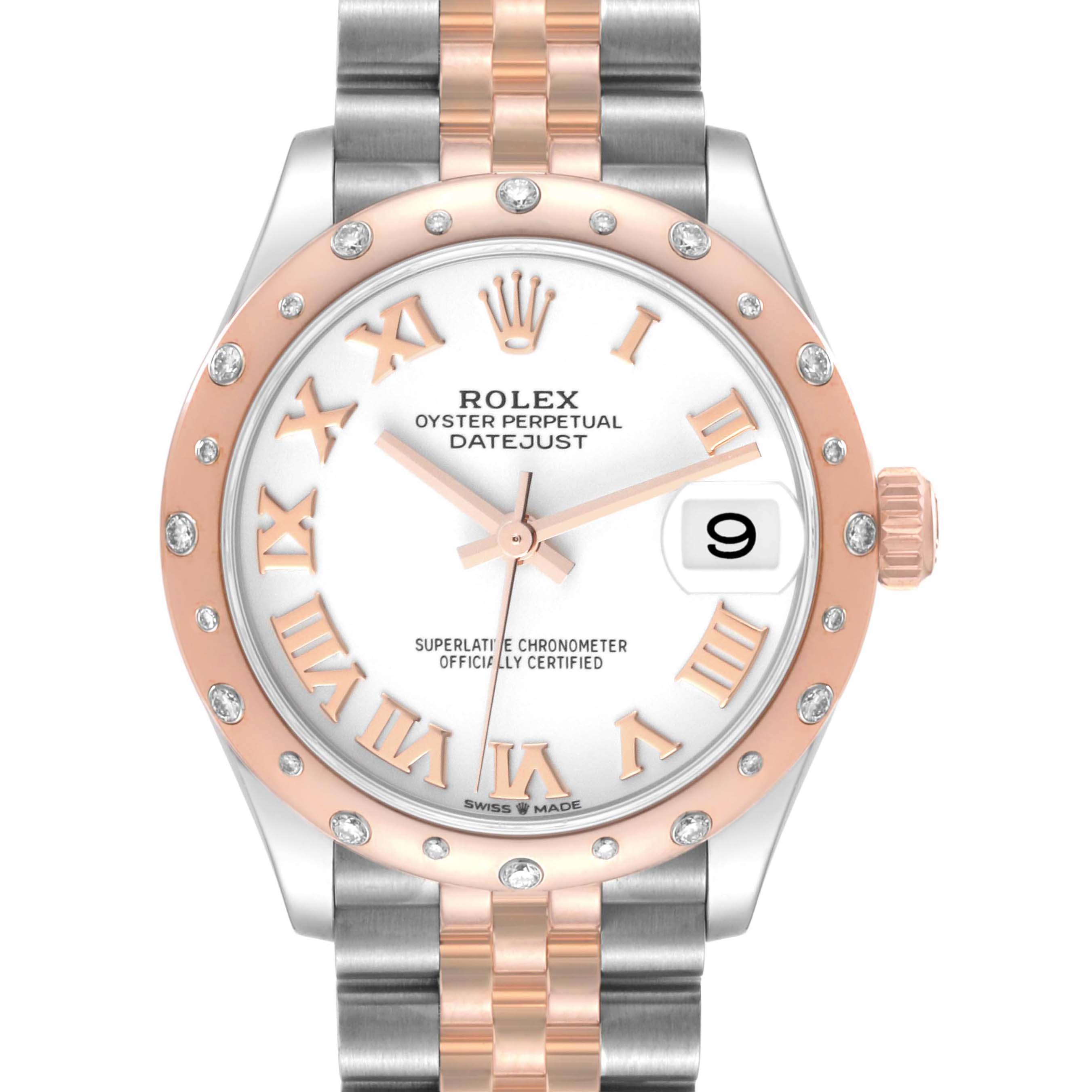 The Rolex Mid-Size 278341 Women's Steel and Gold (two tone) White Dial 278341 Women's Steel and Gold (two tone) White Dial Datejust watch is shown from the front view, displaying its dial, bezel, crown, and bracelet.