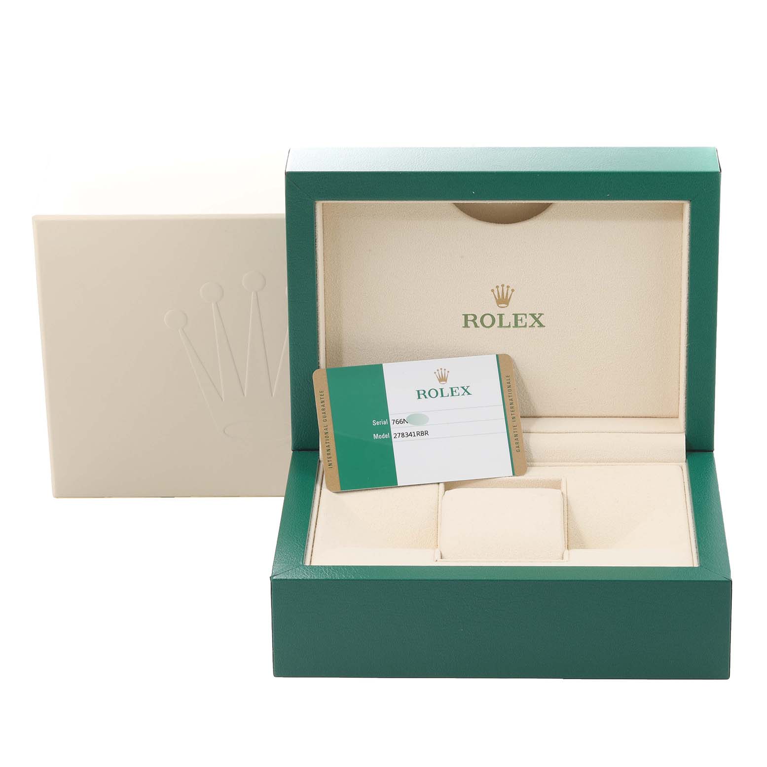 The image shows a Rolex Mid-Size 278341 Women's Steel and Gold (two tone) White Dial 278341 Women's Steel and Gold (two tone) White Dial watch box and warranty card from a front angle.