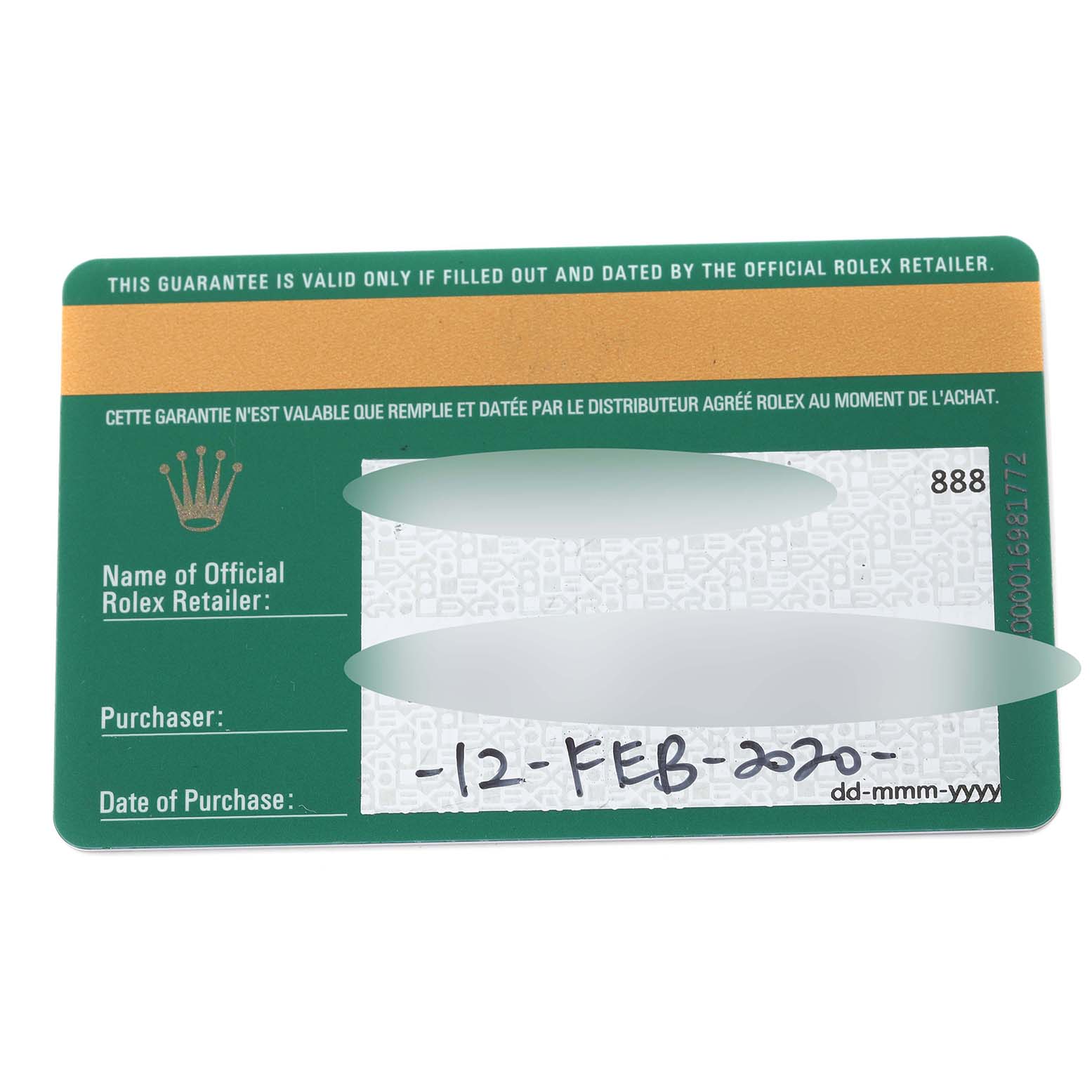 This image shows the official warranty card for a Mid-Size Rolex watch, displayed from a top-down angle.