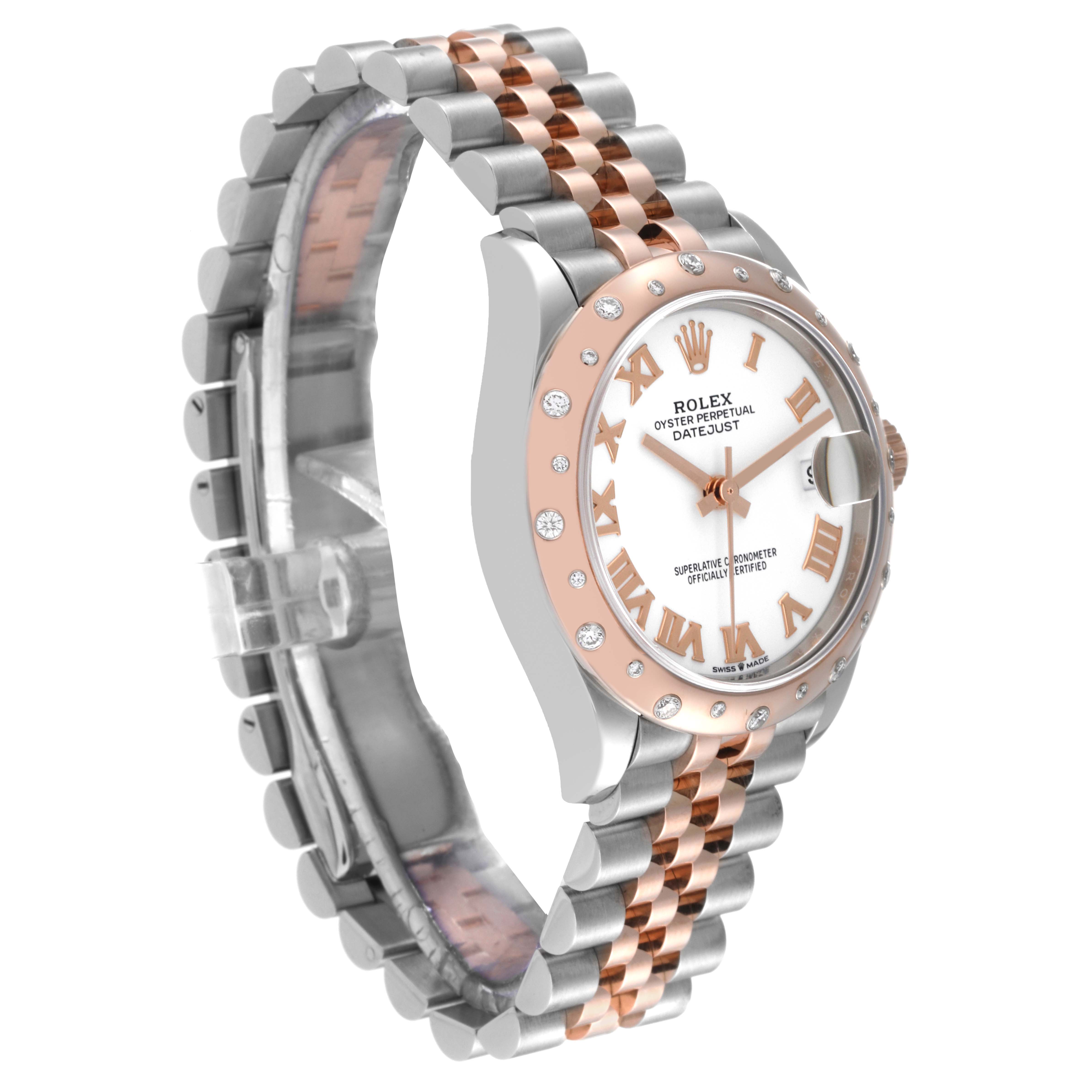 The image shows a side angle of a Mid-Size Rolex Oyster Perpetual Datejust, highlighting its rose gold and stainless steel bracelet and diamond bezel.