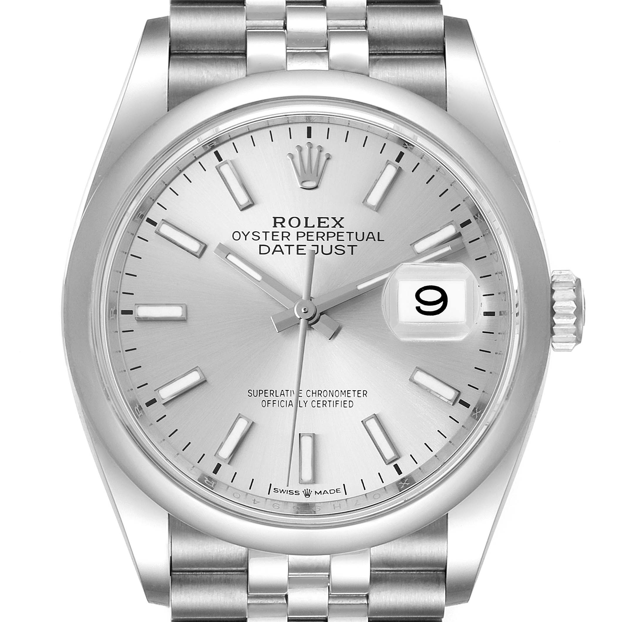 This image shows a front view of a Rolex Datejust 126200 Men's Stainless Steel Silver Dial 126200 Men's Stainless Steel Silver Dial watch, displaying the dial, hour markers, hands, date window, and a portion of the bracelet.
