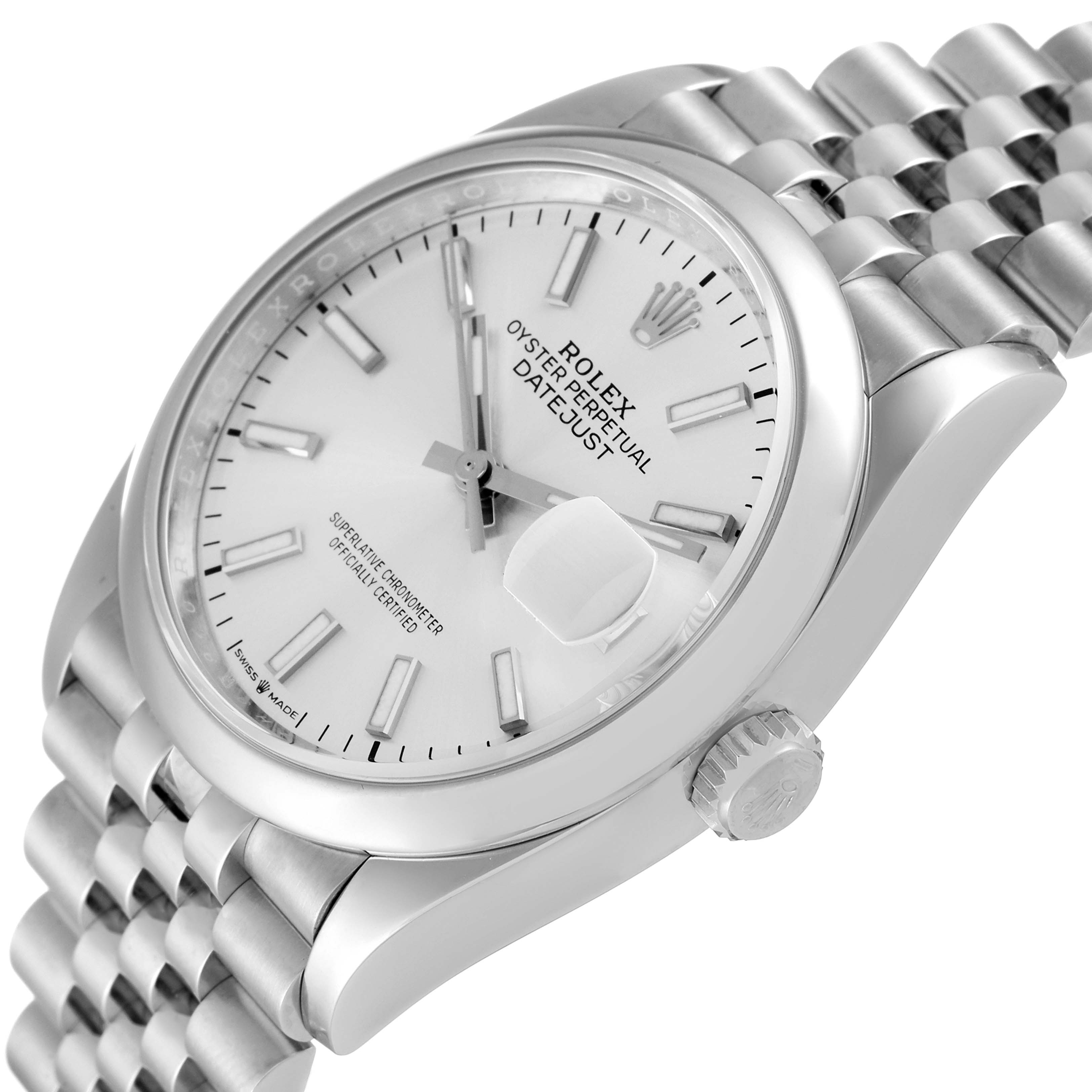 The image shows a Rolex Datejust 126200 Men's Stainless Steel Silver Dial 126200 Men's Stainless Steel Silver Dial watch from a slight side angle, highlighting the face, crown, bracelet, and date magnifier.