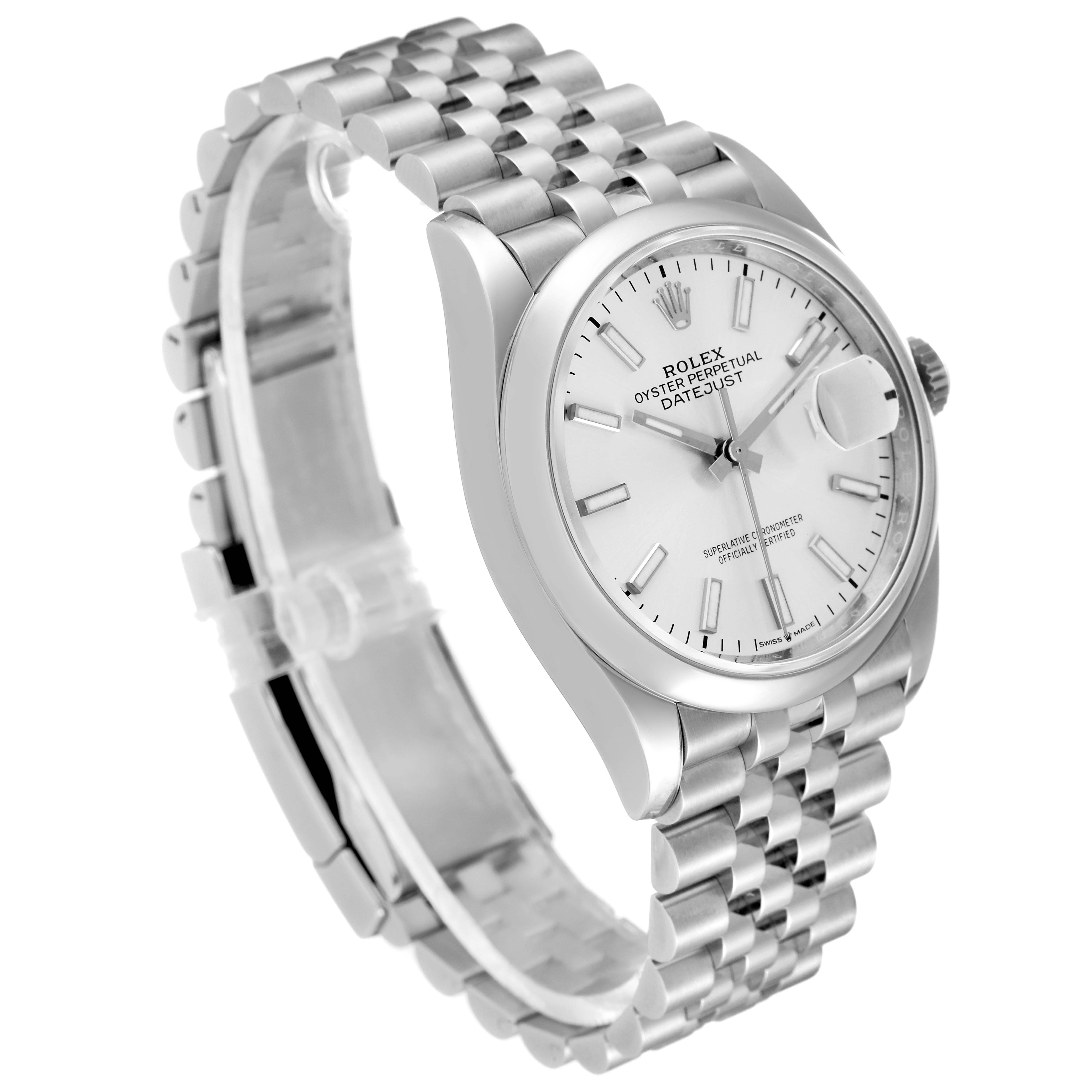 The image shows a Rolex Datejust 126200 Men's Stainless Steel Silver Dial 126200 Men's Stainless Steel Silver Dial watch at a slight angle, revealing the face, bezel, lugs, and part of the bracelet.