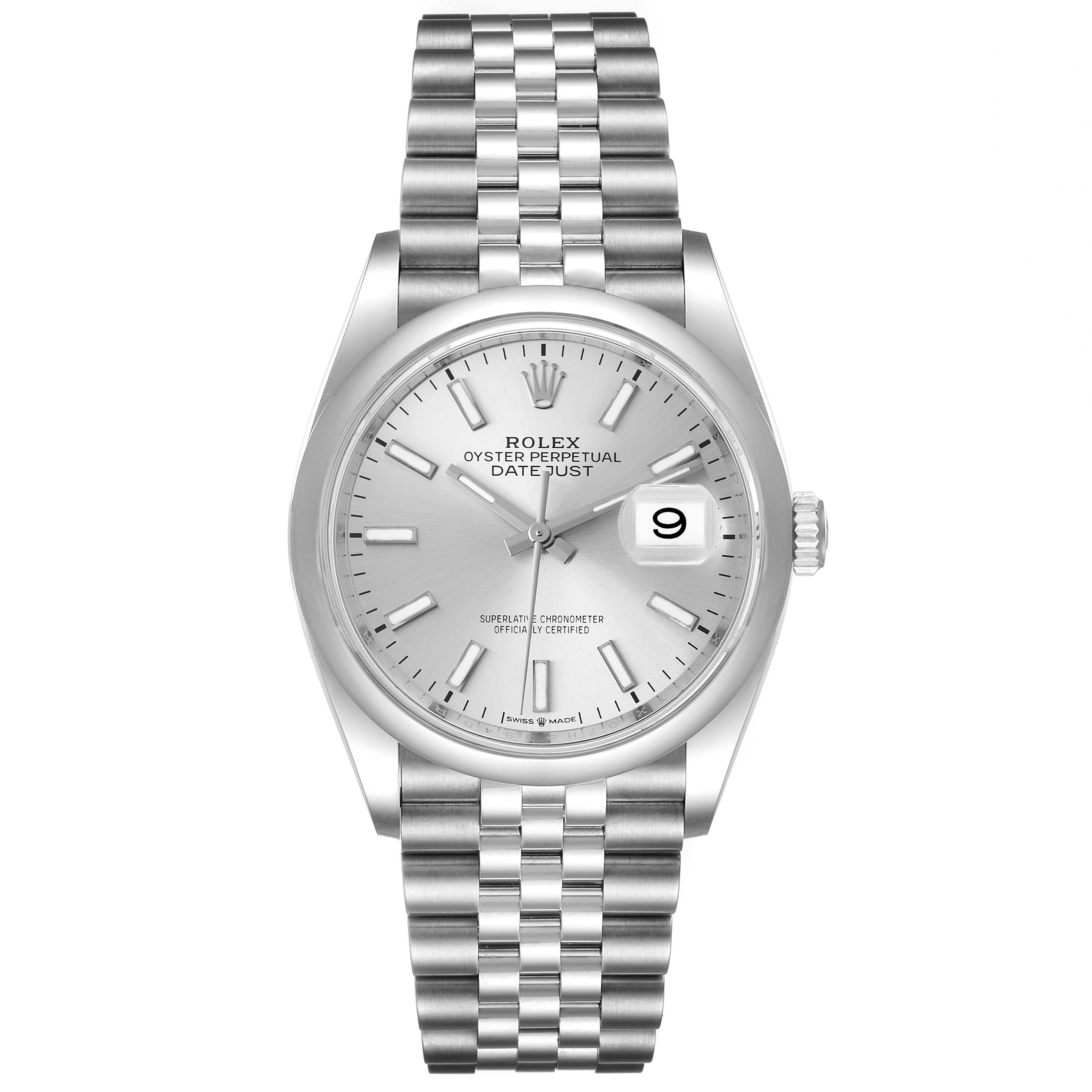 The image shows a front view of the Rolex Datejust 126200 Men's Stainless Steel Silver Dial 126200 Men's Stainless Steel Silver Dial watch, highlighting its dial, case, bracelet, and date window.