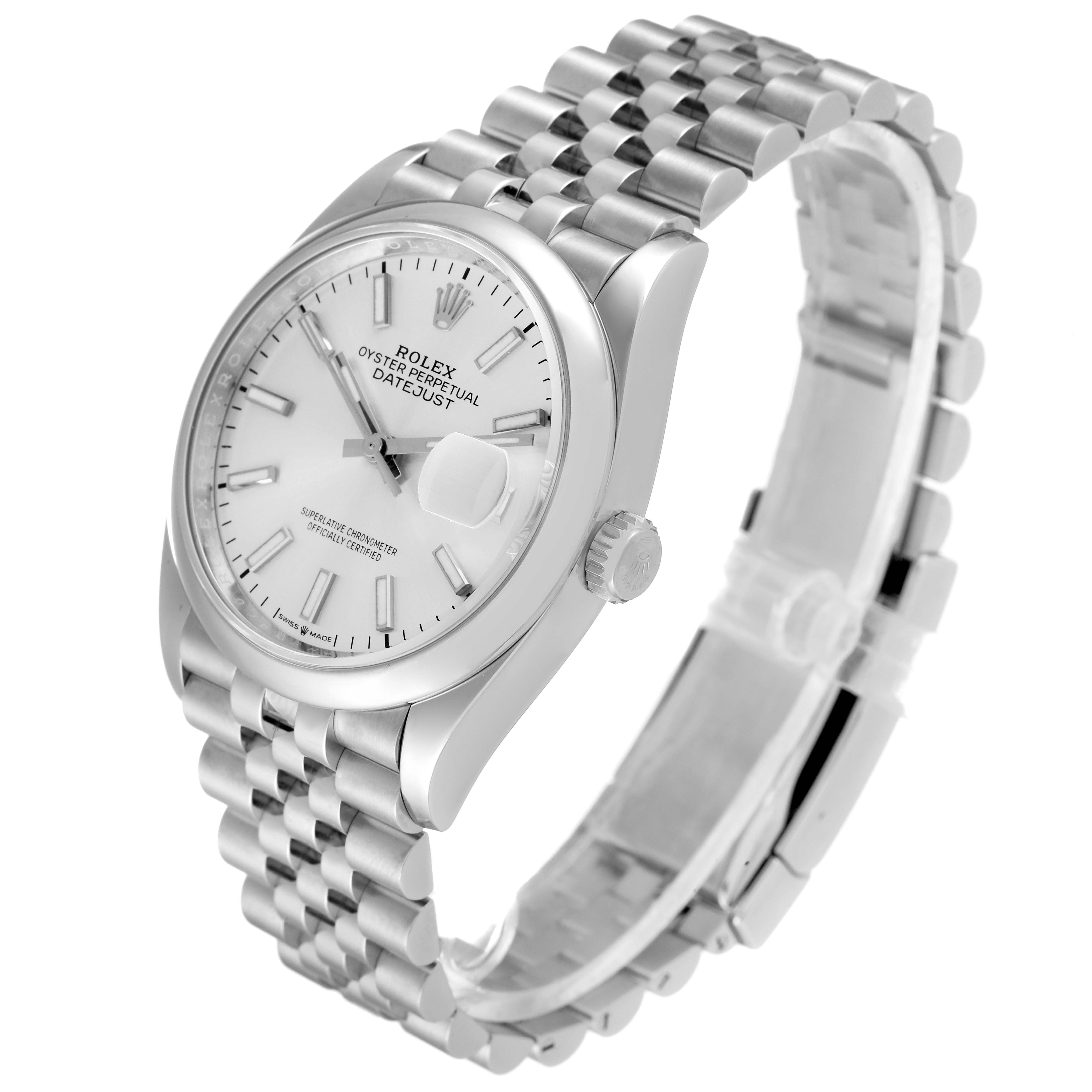 The image shows a Rolex Datejust 126200 Men's Stainless Steel Silver Dial 126200 Men's Stainless Steel Silver Dial watch at an angle highlighting the dial, case, crown, and jubilee bracelet.