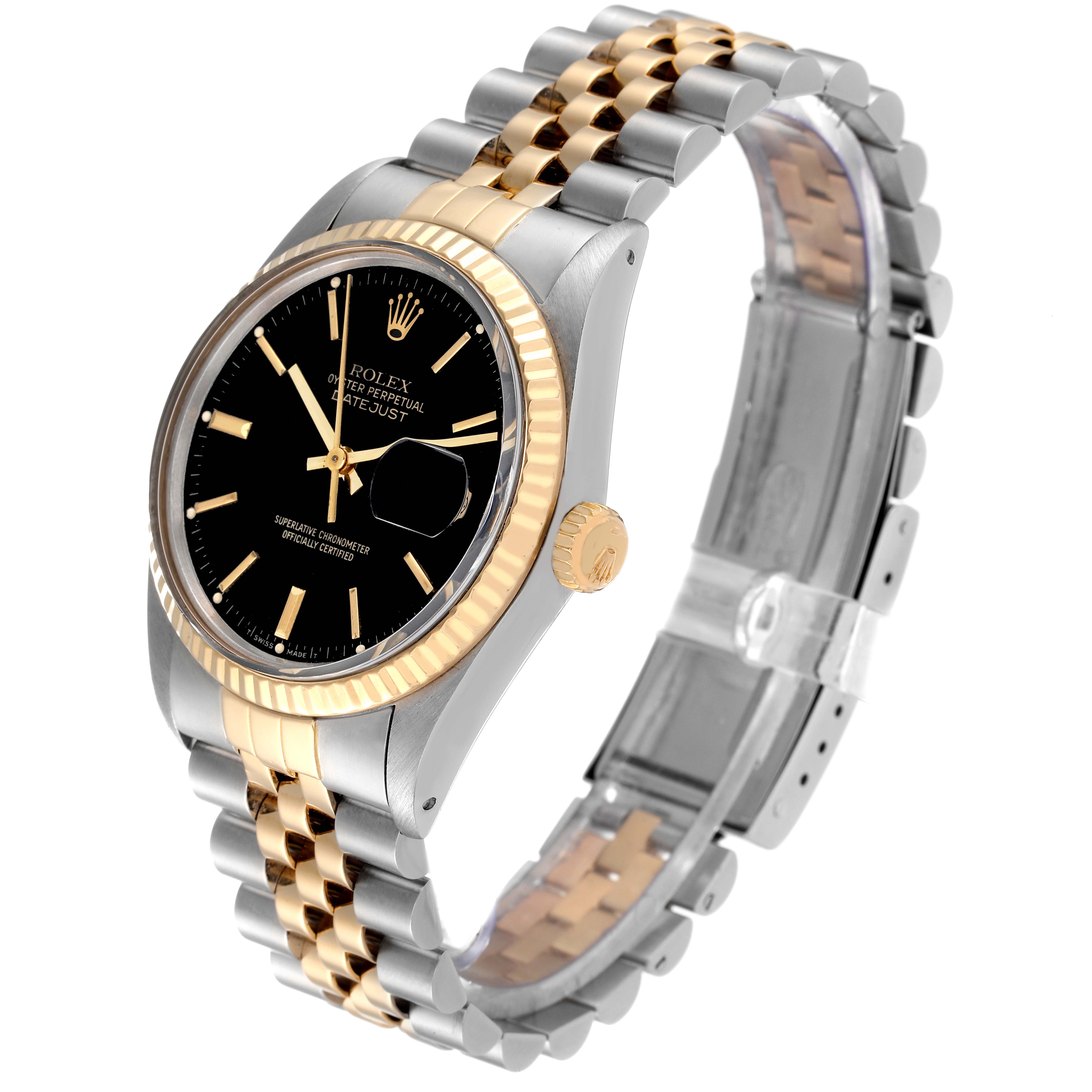 The Rolex Vintage Collection 16013 Men's Steel and Gold (two tone) Black Dial 16013 Men's Steel and Gold (two tone) Black Dial watch is shown at an angle displaying the face, bezel, crown, and two-tone bracelet.