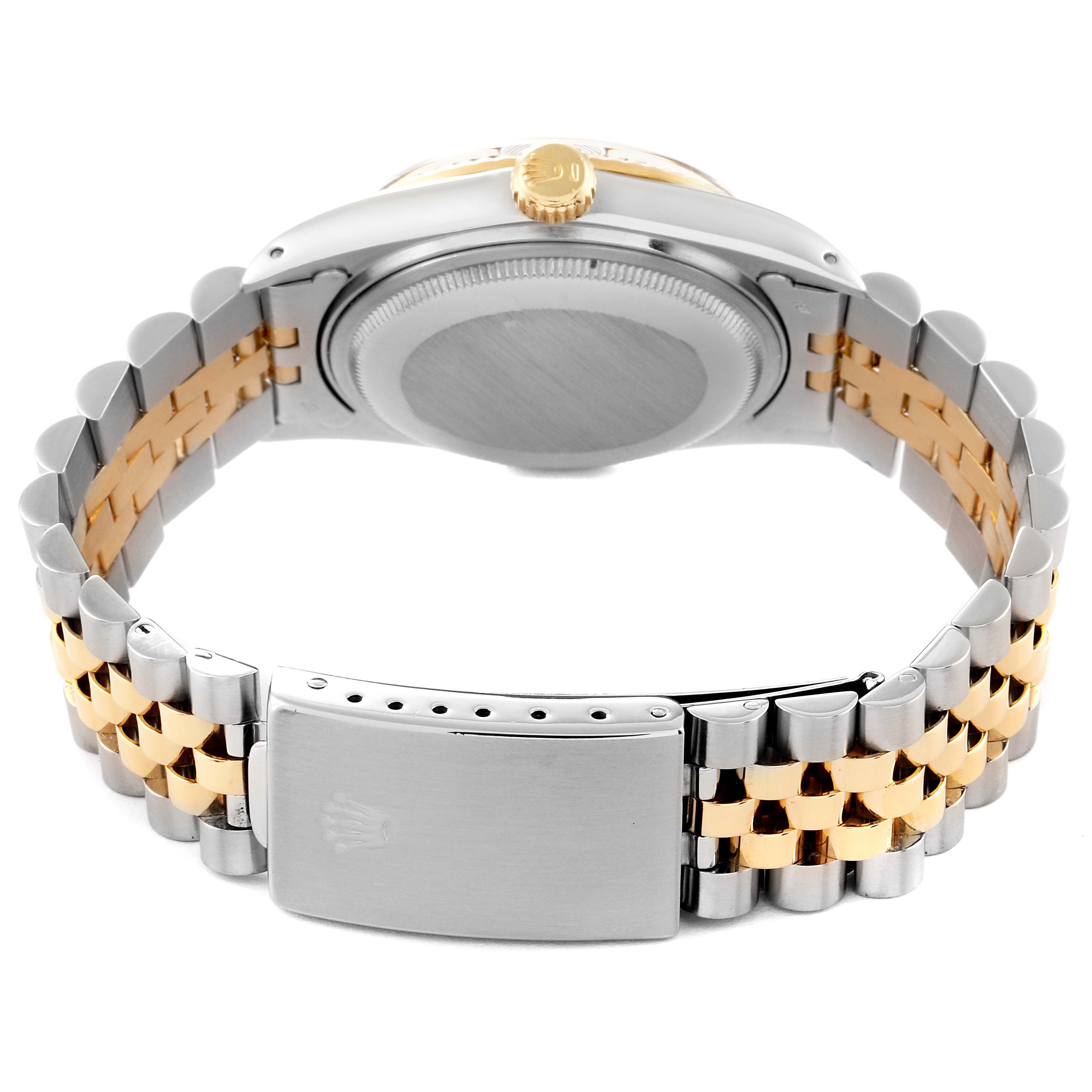 The image shows the back of a Rolex Vintage Collection 16013 Men's Steel and Gold (two tone) Black Dial 16013 Men's Steel and Gold (two tone) Black Dial watch, highlighting the clasp and bracelet.