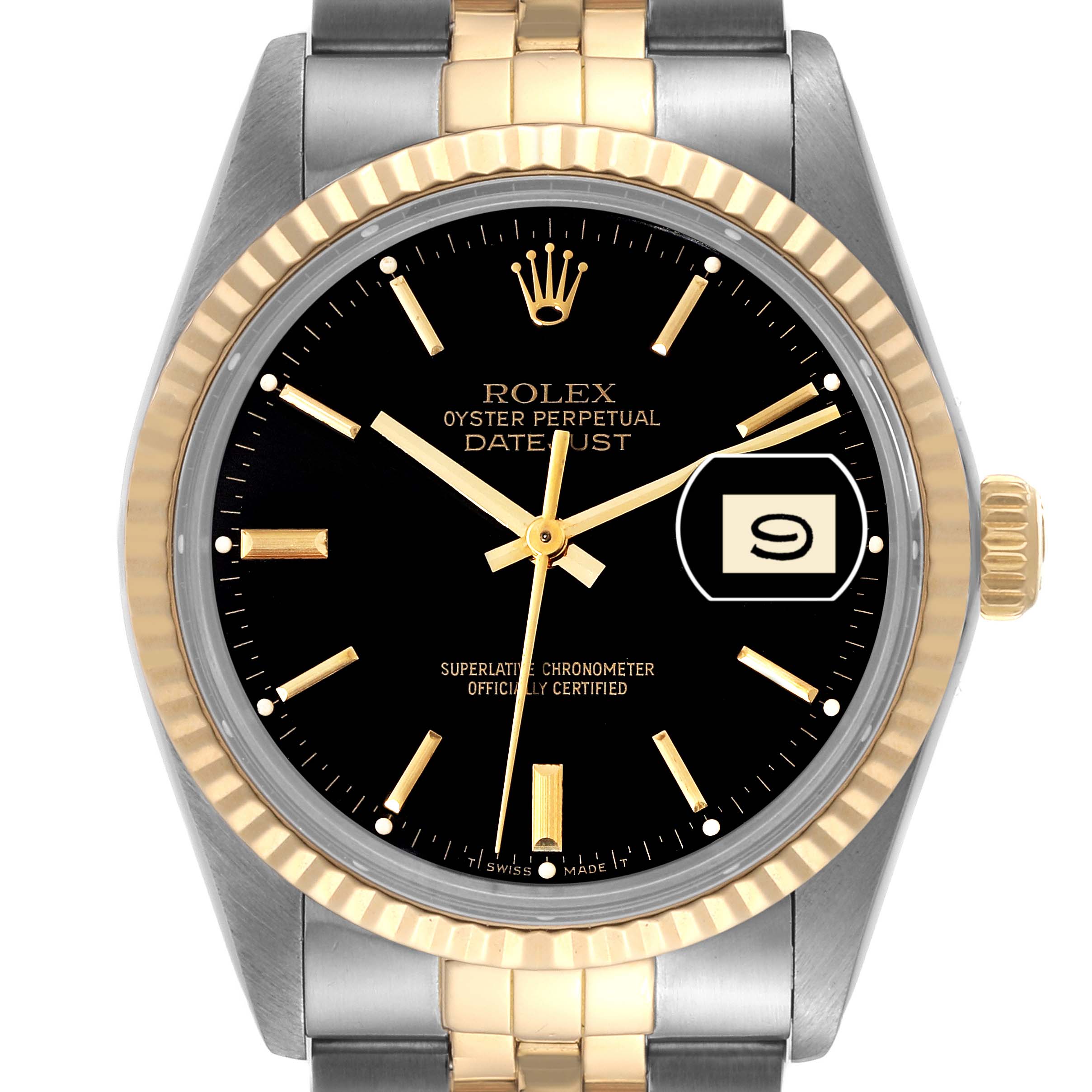 This image shows a front view of a Rolex Vintage Collection 16013 Men's Steel and Gold (two tone) Black Dial 16013 Men's Steel and Gold (two tone) Black Dial Oyster Perpetual Datejust with a gold and silver bracelet.