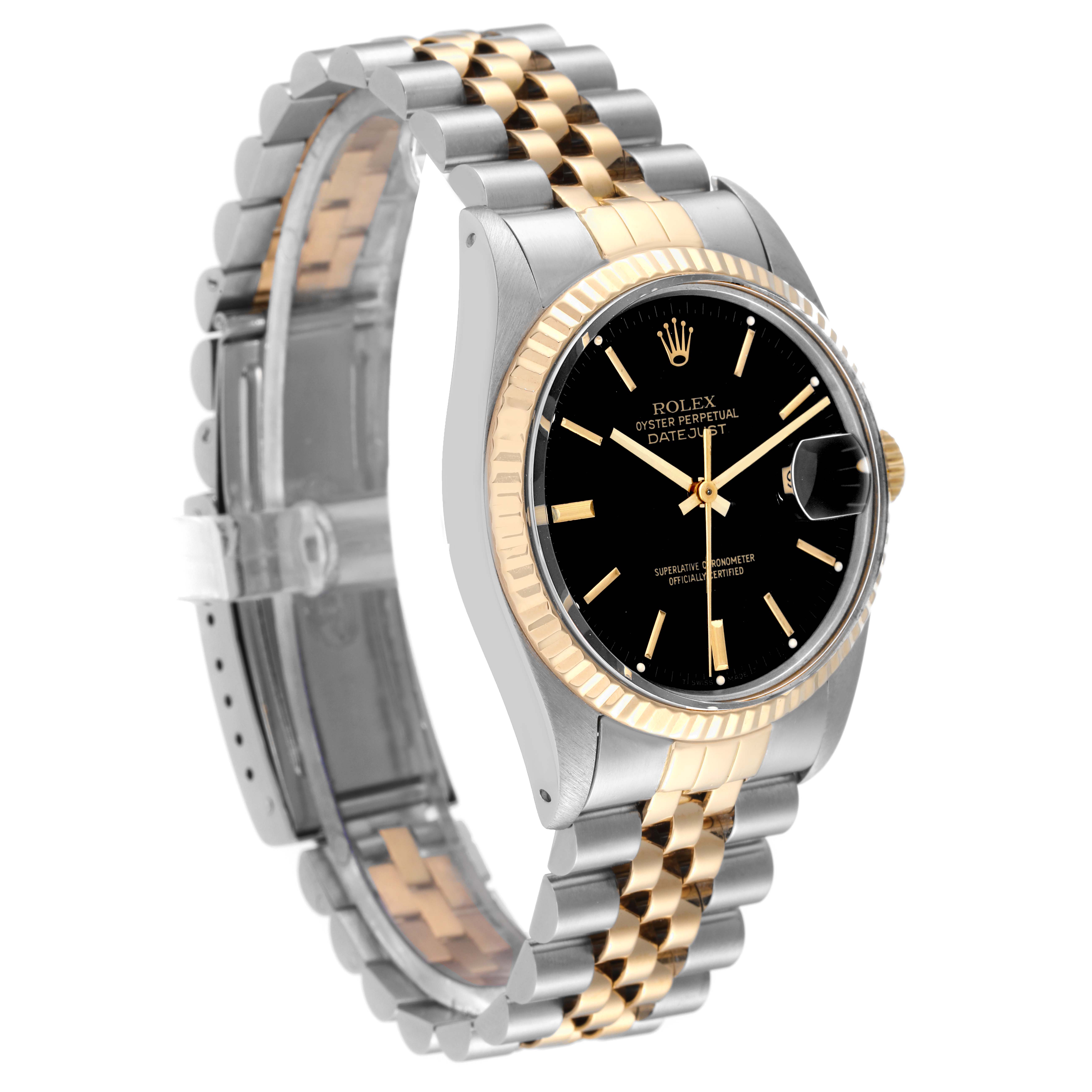 This image shows a Rolex Vintage Collection 16013 Men's Steel and Gold (two tone) Black Dial 16013 Men's Steel and Gold (two tone) Black Dial model watch at a three-quarter angle highlighting the face, bezel, and two-tone bracelet.