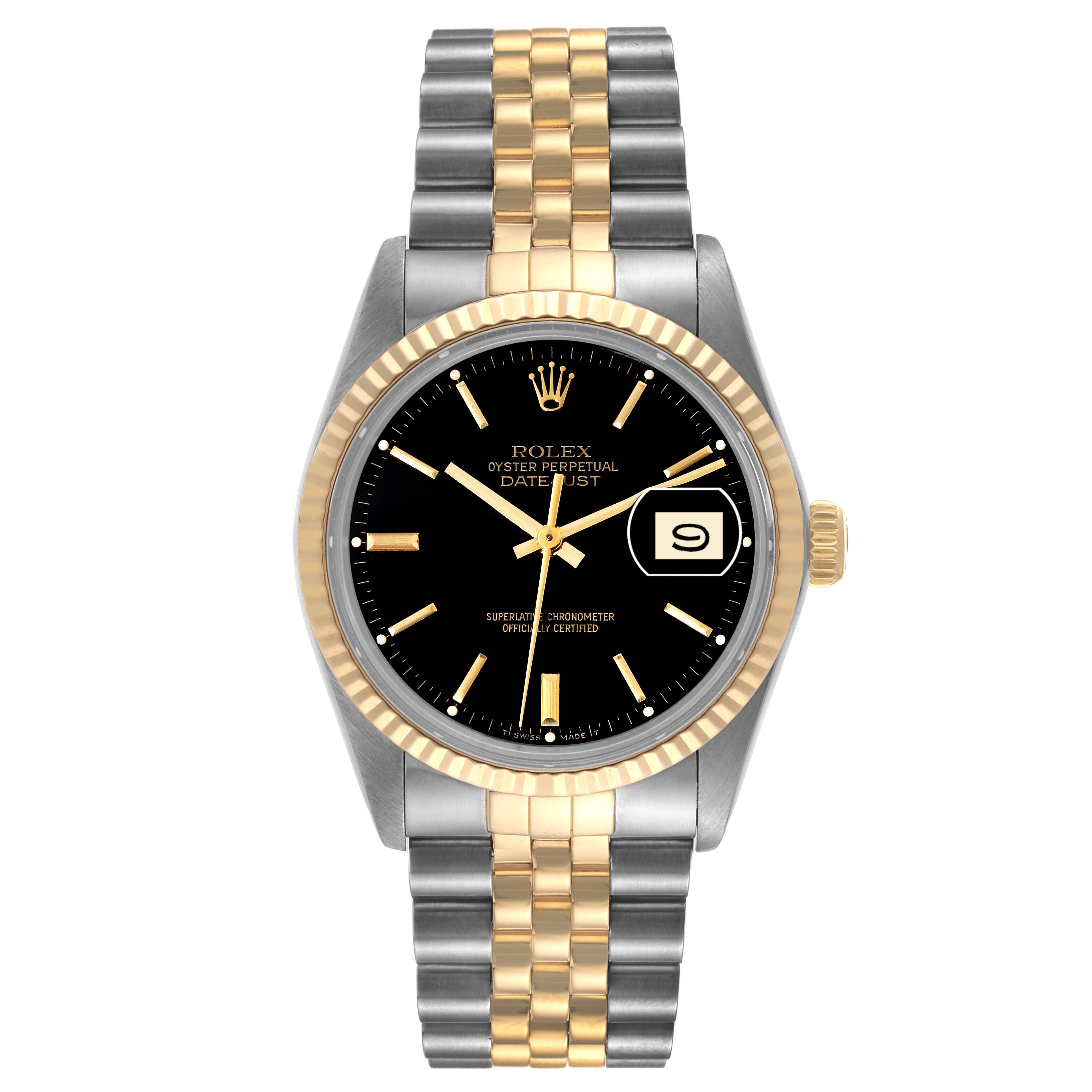 The Rolex Vintage Collection 16013 Men's Steel and Gold (two tone) Black Dial 16013 Men's Steel and Gold (two tone) Black Dial model is shown from a front angle, highlighting its black dial, date display, and two-tone bracelet.
