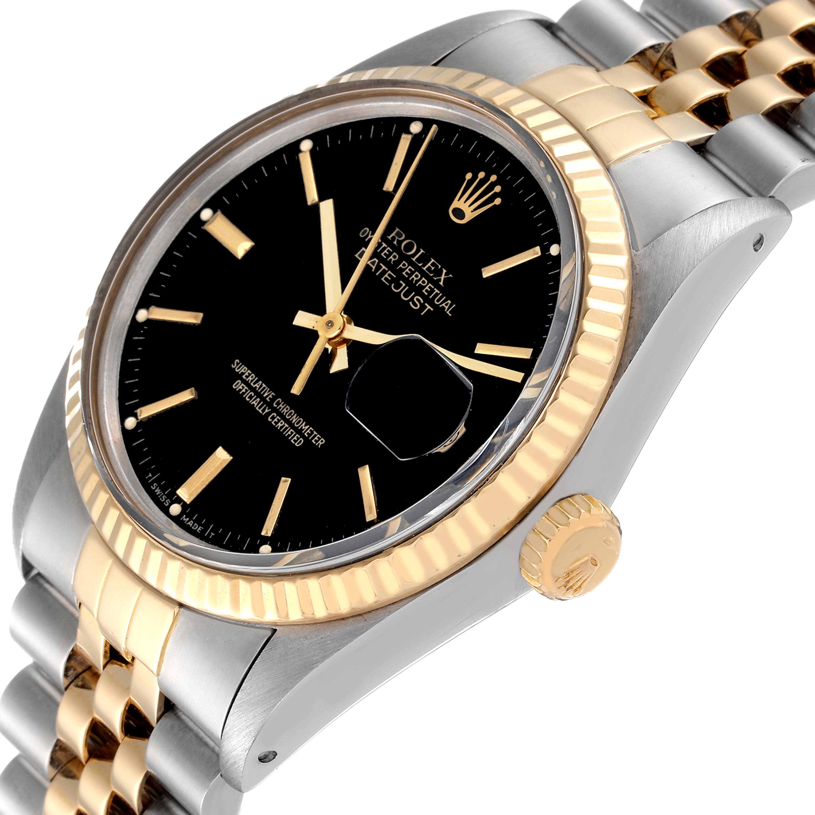 The image shows a side angle of the Vintage Collection Rolex watch, highlighting the black dial, bezel, bracelet, and crown.
