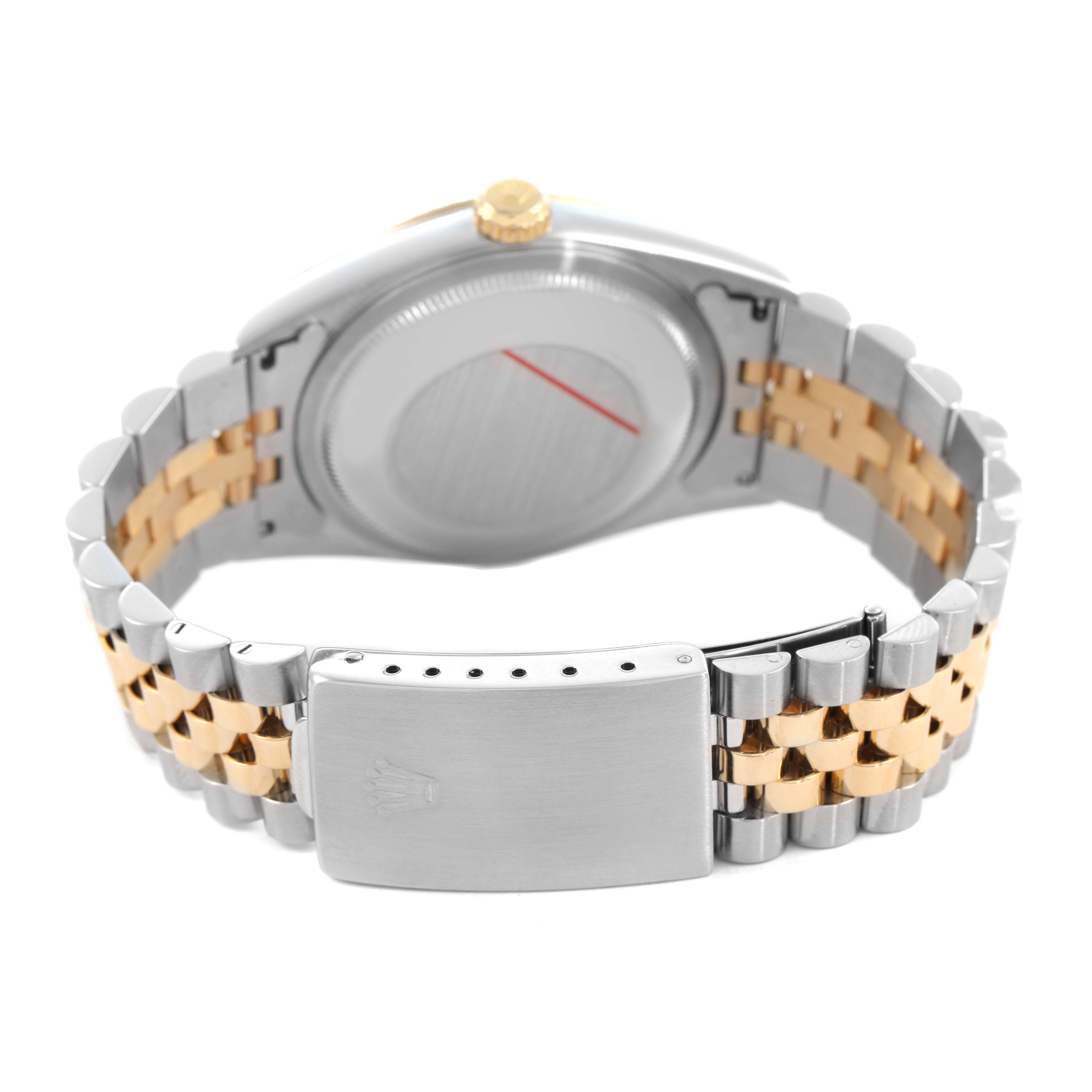 The image shows the back view of a Rolex Datejust 16233 Men's Steel and Gold (two tone) White Dial watch, highlighting its case, crown, and two-tone Jubilee bracelet.