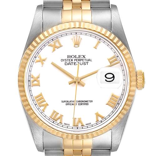 The Rolex Datejust 16233 Men's Steel and Gold (two tone) White Dial watch is shown from the front, highlighting its white dial, gold Roman numerals, and date display.