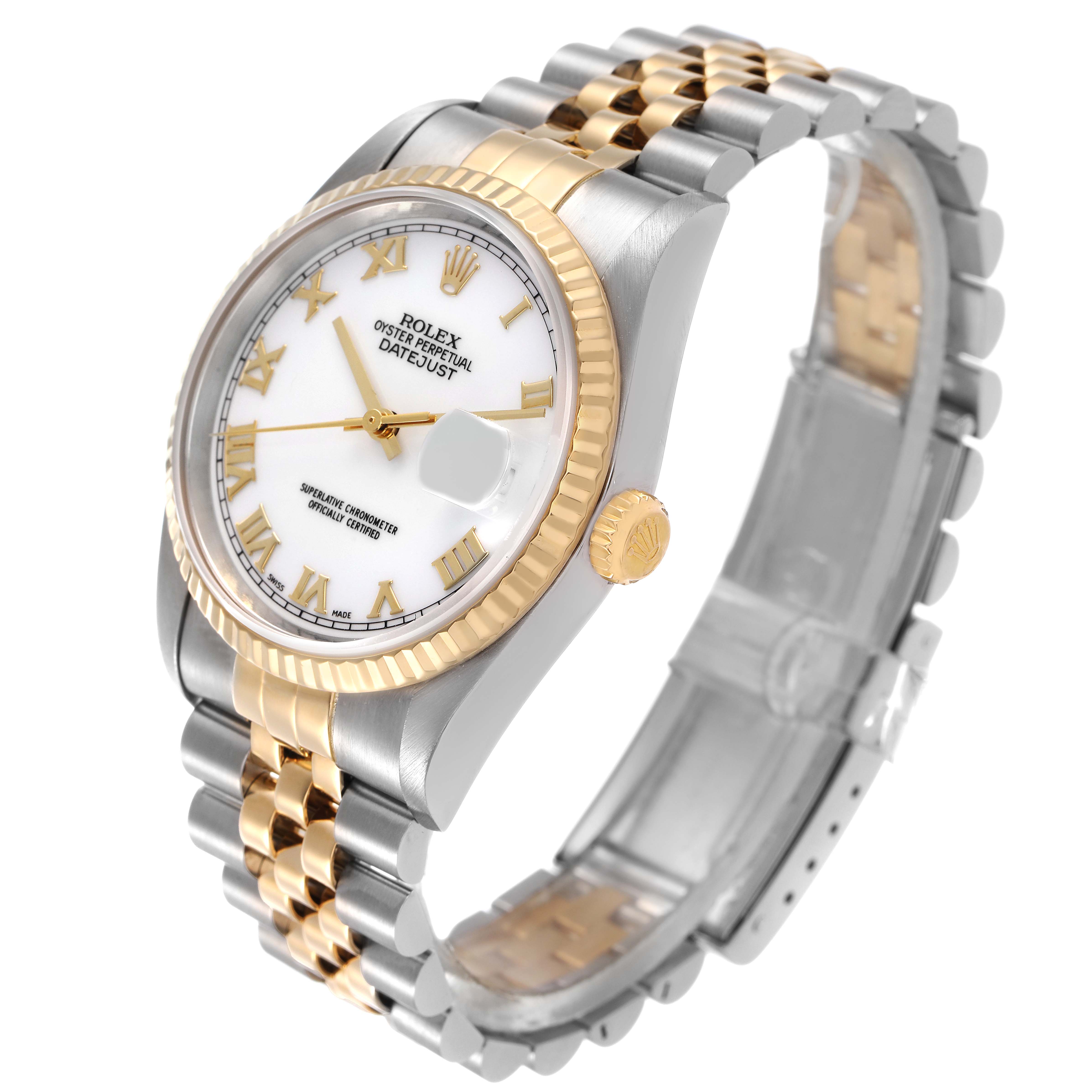 The Rolex Datejust 16233 Men's Steel and Gold (two tone) White Dial watch is shown at an angled side view, highlighting the gold fluted bezel, crown, and two-tone bracelet.