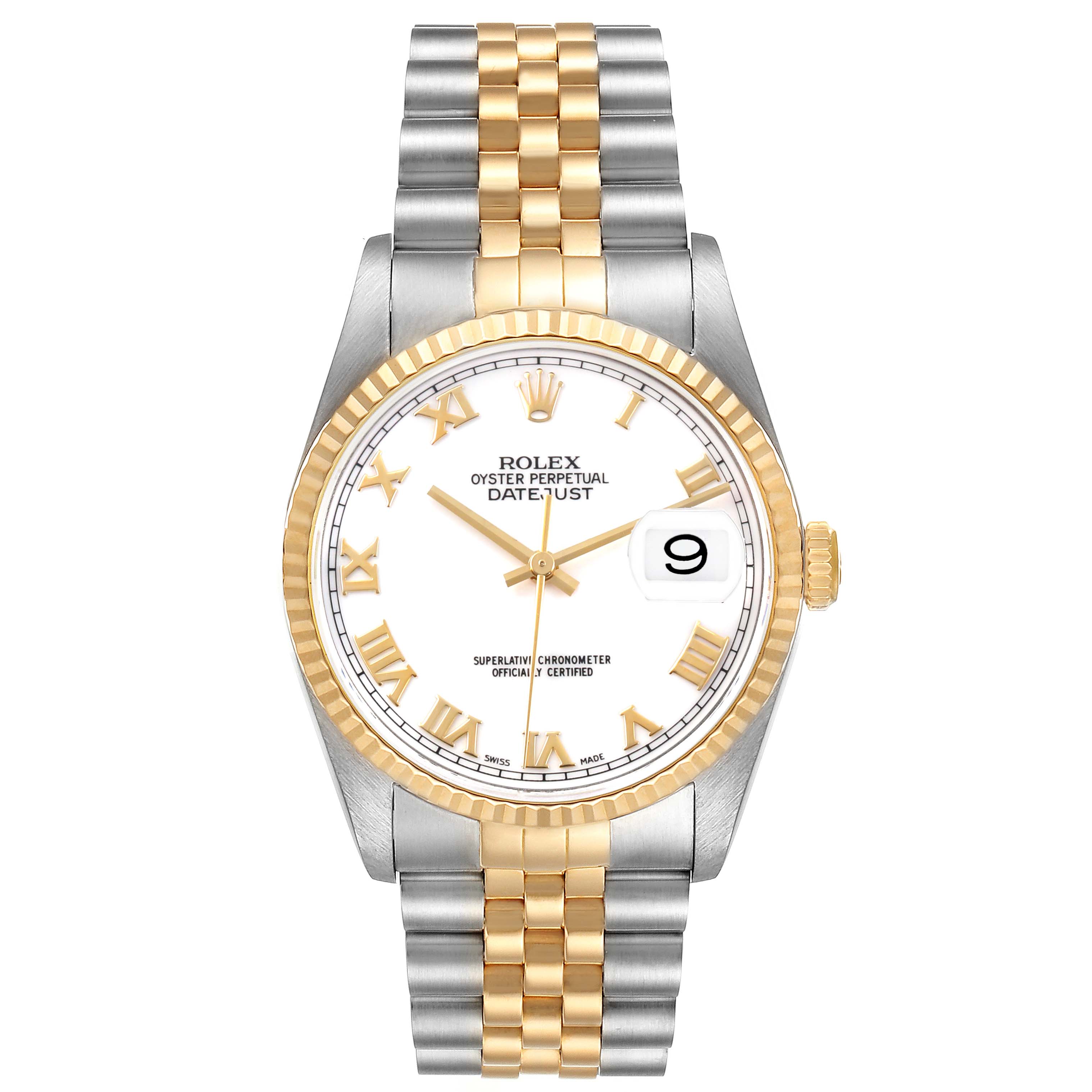 The Rolex Datejust 16233 Men's Steel and Gold (two tone) White Dial watch is shown from the front, displaying the face, bezel, and bracelet.