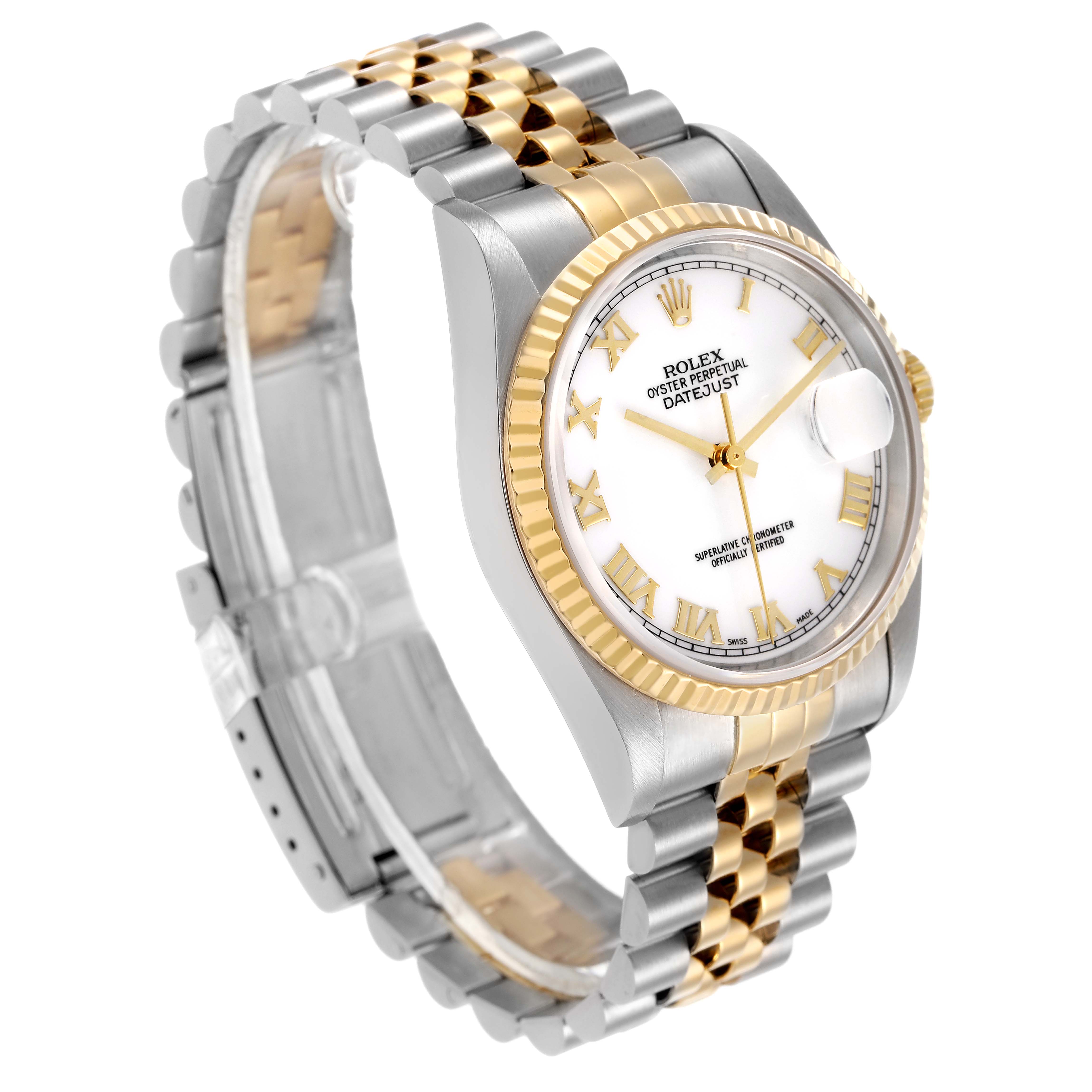 The Rolex Datejust 16233 Men's Steel and Gold (two tone) White Dial watch is shown from a three-quarter angle, highlighting the bezel, dial, and two-tone bracelet.