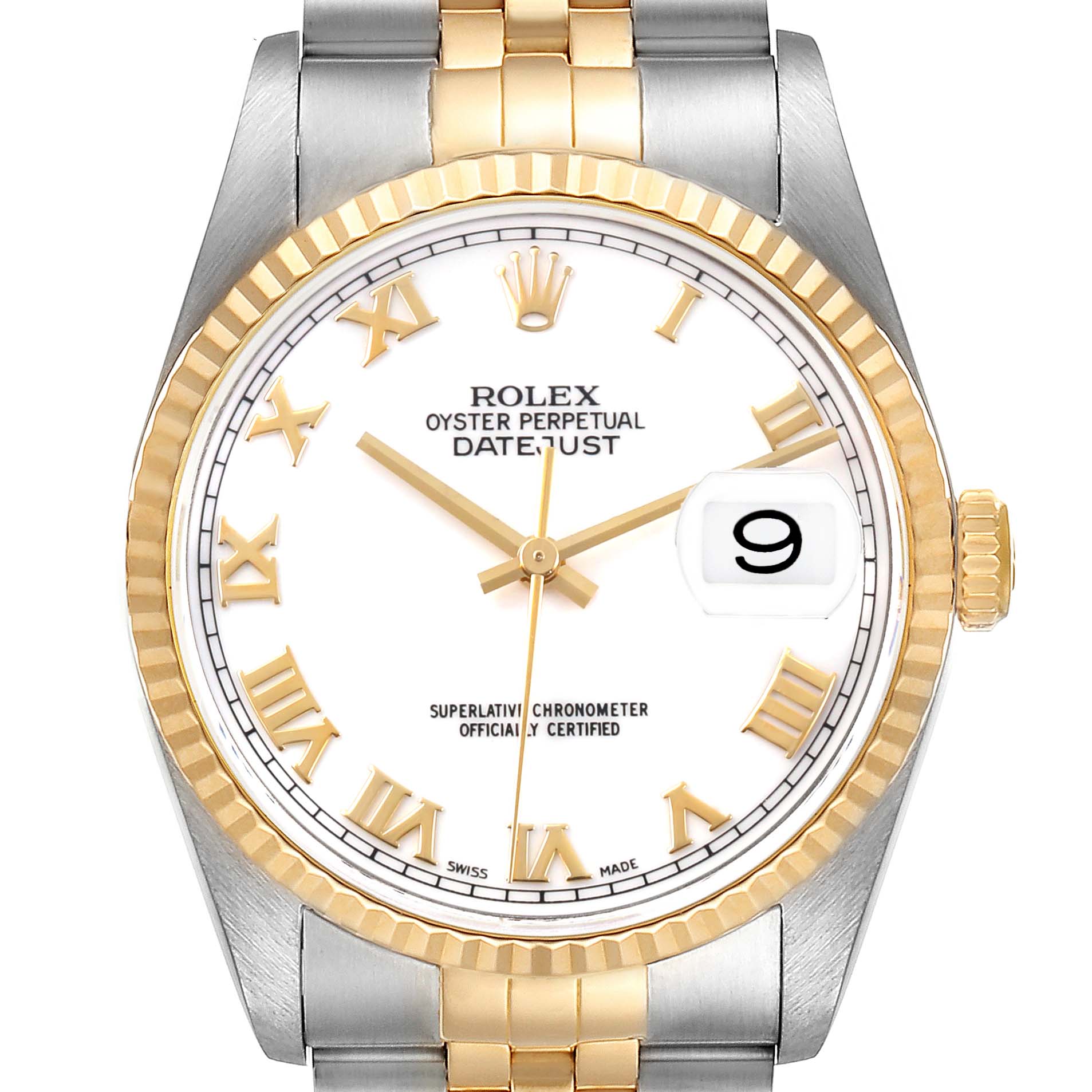 The Rolex Datejust 16233 Men's Steel and Gold (two tone) White Dial watch is shown from a front angle, highlighting its dial, bezel, and a portion of the bracelet.