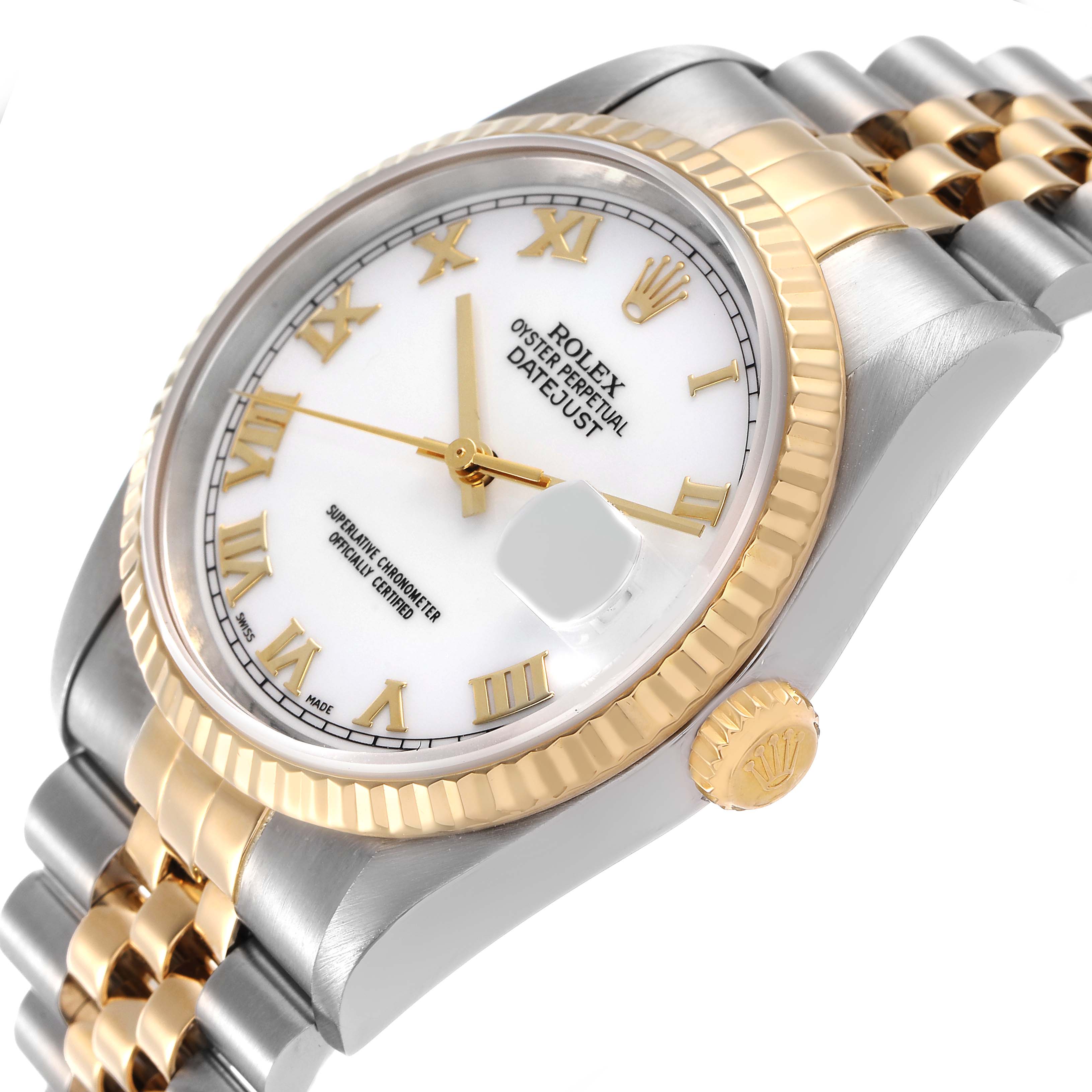 The Rolex Datejust 16233 Men's Steel and Gold (two tone) White Dial watch is shown at a slight angle, highlighting the dial, bezel, crown, and part of the bracelet.
