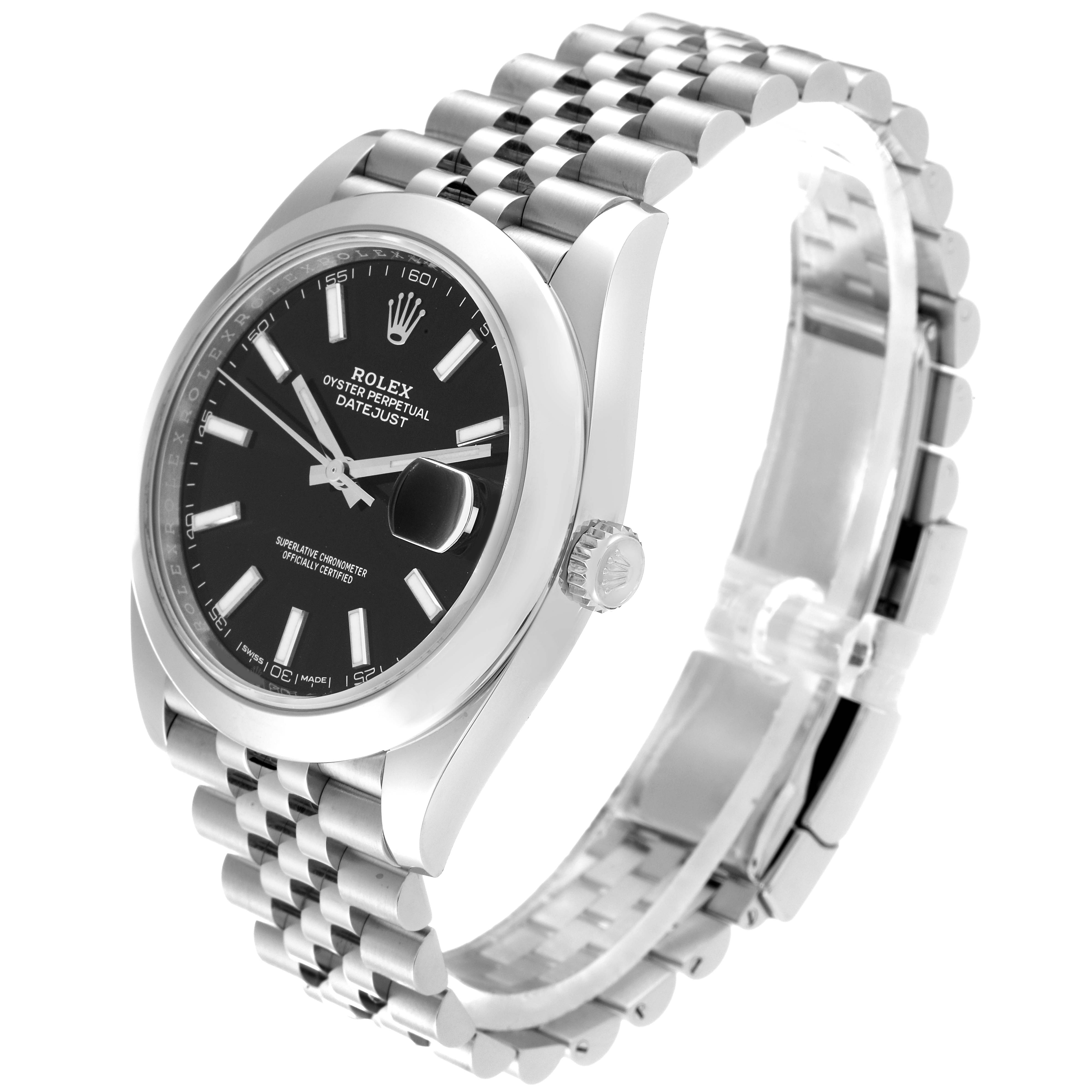 The image shows a Rolex Datejust 41 126300 Men's Stainless Steel Black Dial 126300 Men's Stainless Steel Black Dial watch from a three-quarter angle, highlighting the black dial and Jubilee bracelet.