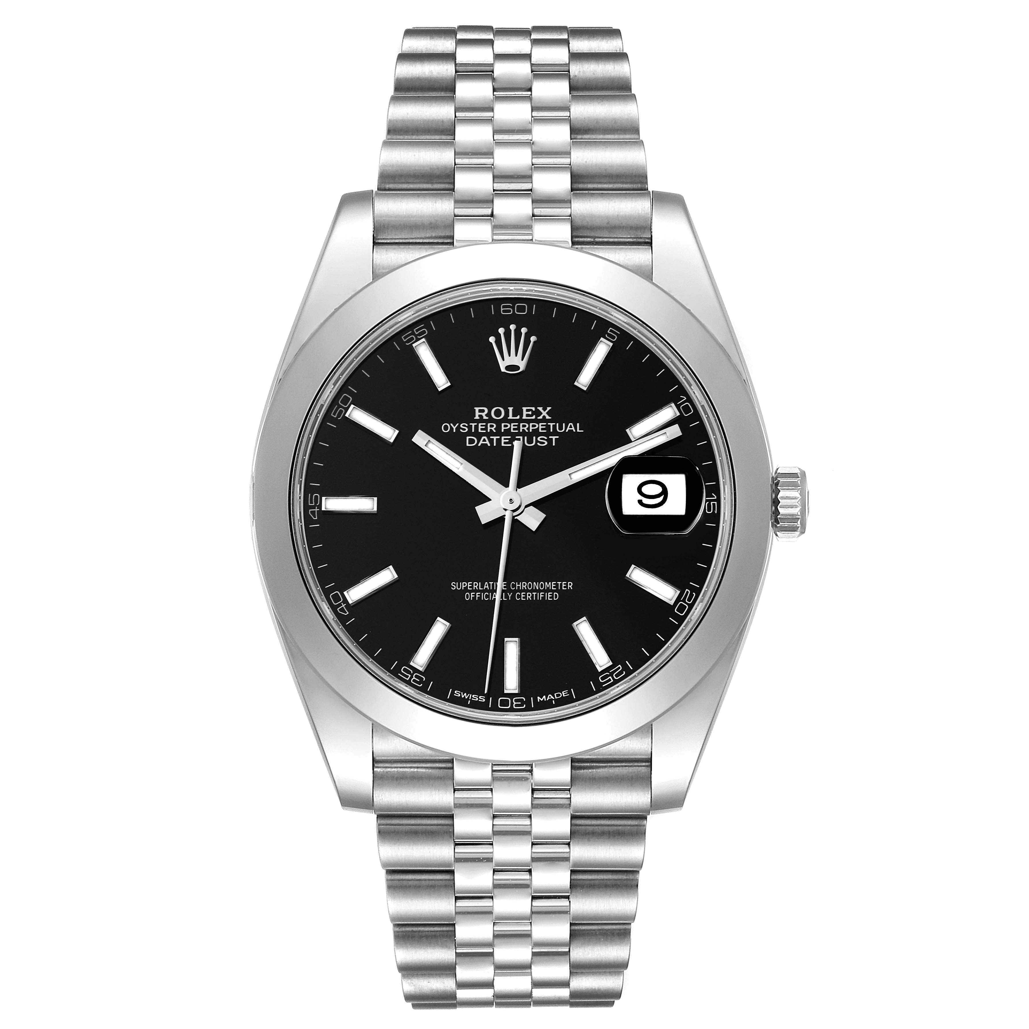 The image shows a front view of the Rolex Datejust 41 126300 Men's Stainless Steel Black Dial 126300 Men's Stainless Steel Black Dial watch displaying its black dial, jubilee bracelet, and date function.