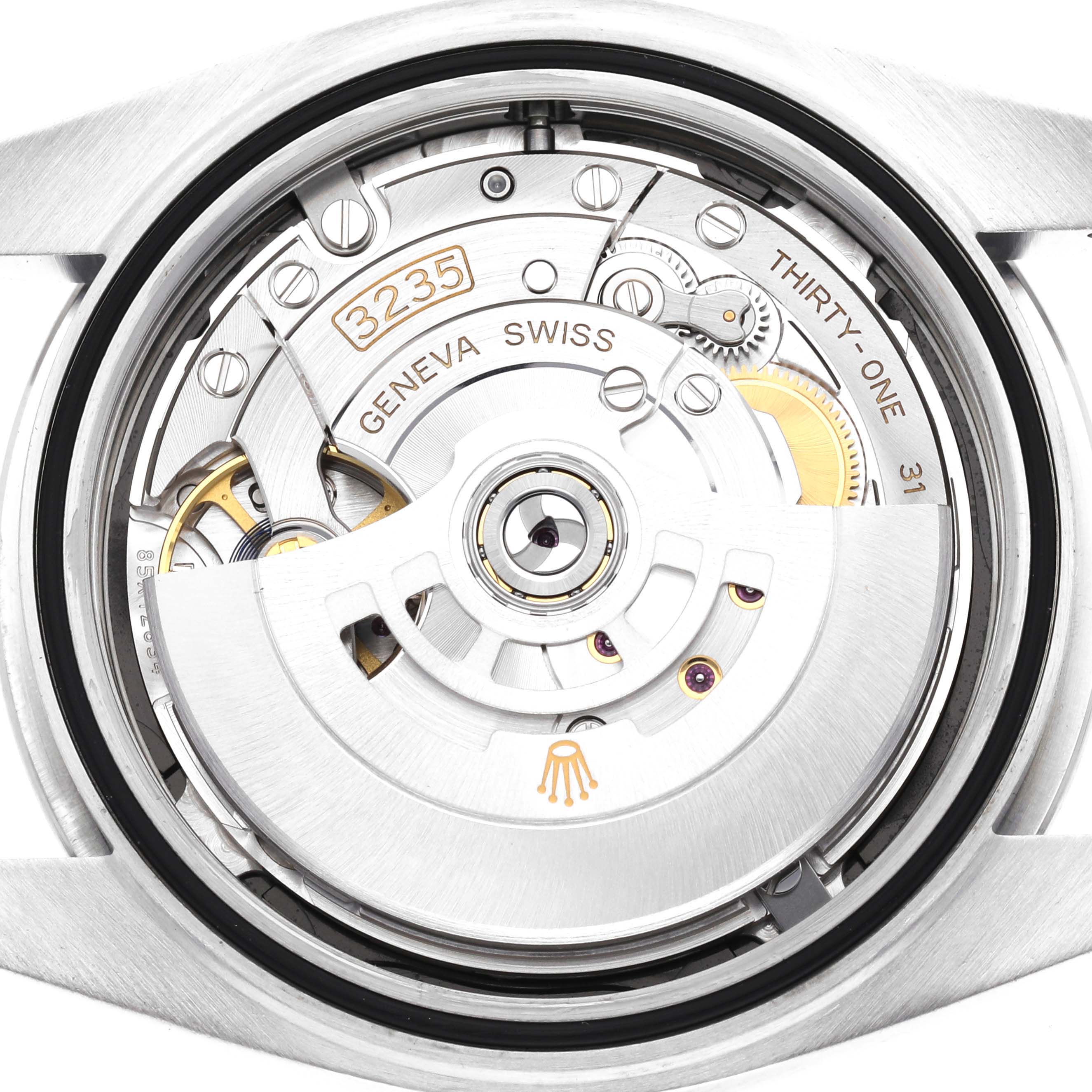 This image shows the back view of the Rolex Datejust 41 126300 Men's Stainless Steel Black Dial 126300 Men's Stainless Steel Black Dial model, revealing its movement mechanism and rotor.