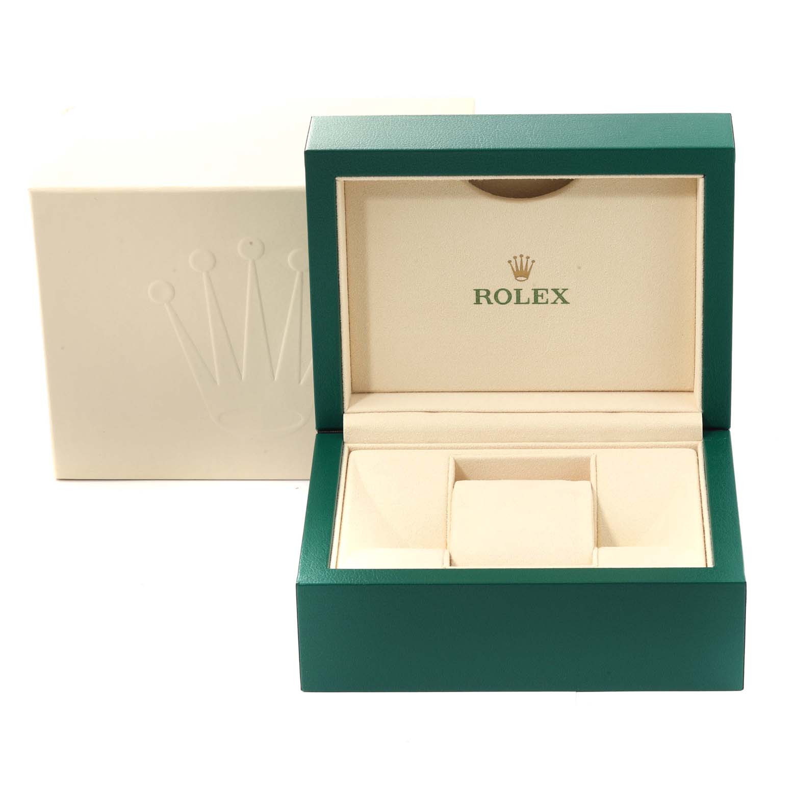 This image shows the open presentation box and outer packaging of a Rolex Datejust 41 126300 Men's Stainless Steel Black Dial 126300 Men's Stainless Steel Black Dial watch, viewed from the front.
