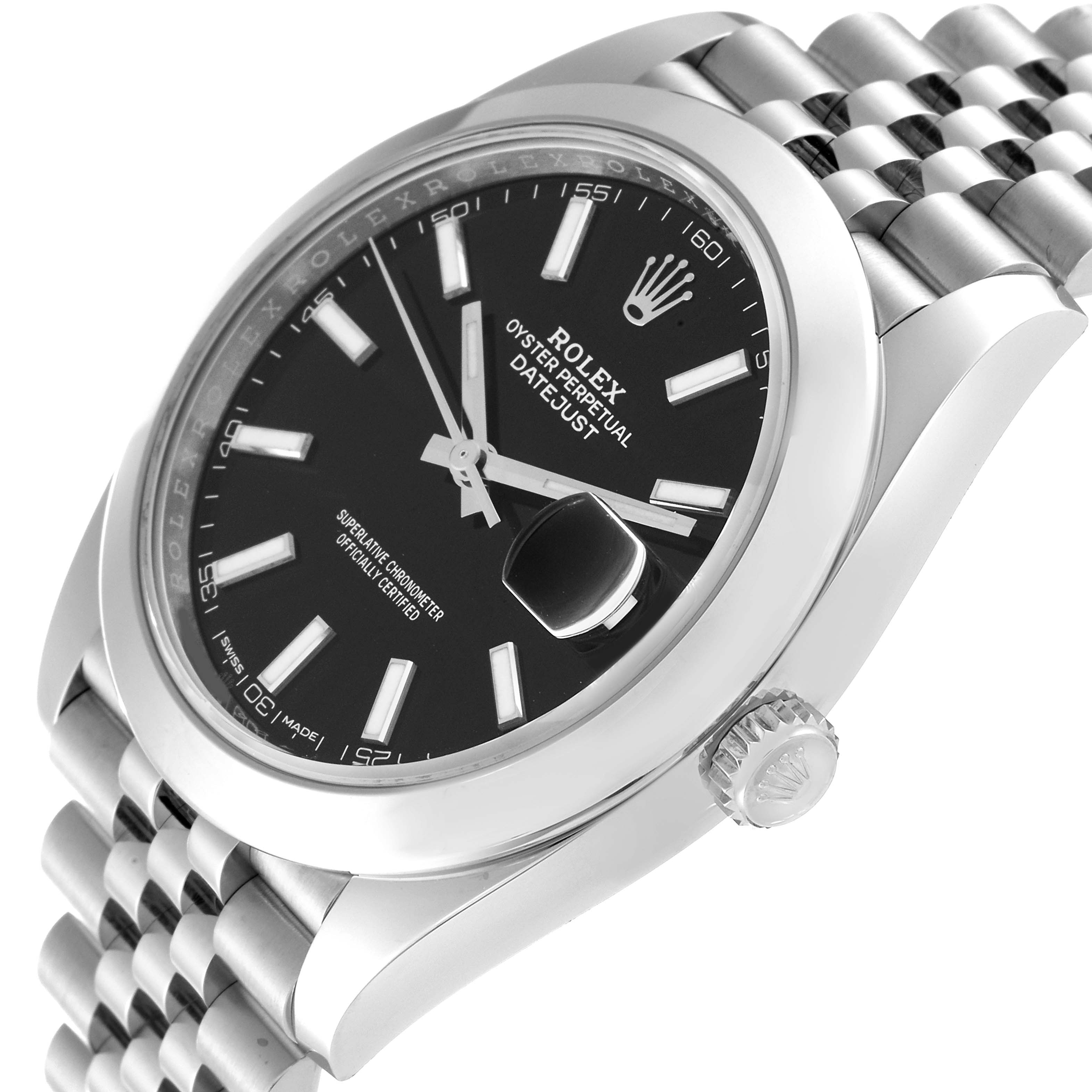 This image shows a Rolex Datejust 41 126300 Men's Stainless Steel Black Dial 126300 Men's Stainless Steel Black Dial watch from an angled side view, highlighting its dial, bezel, and crown.