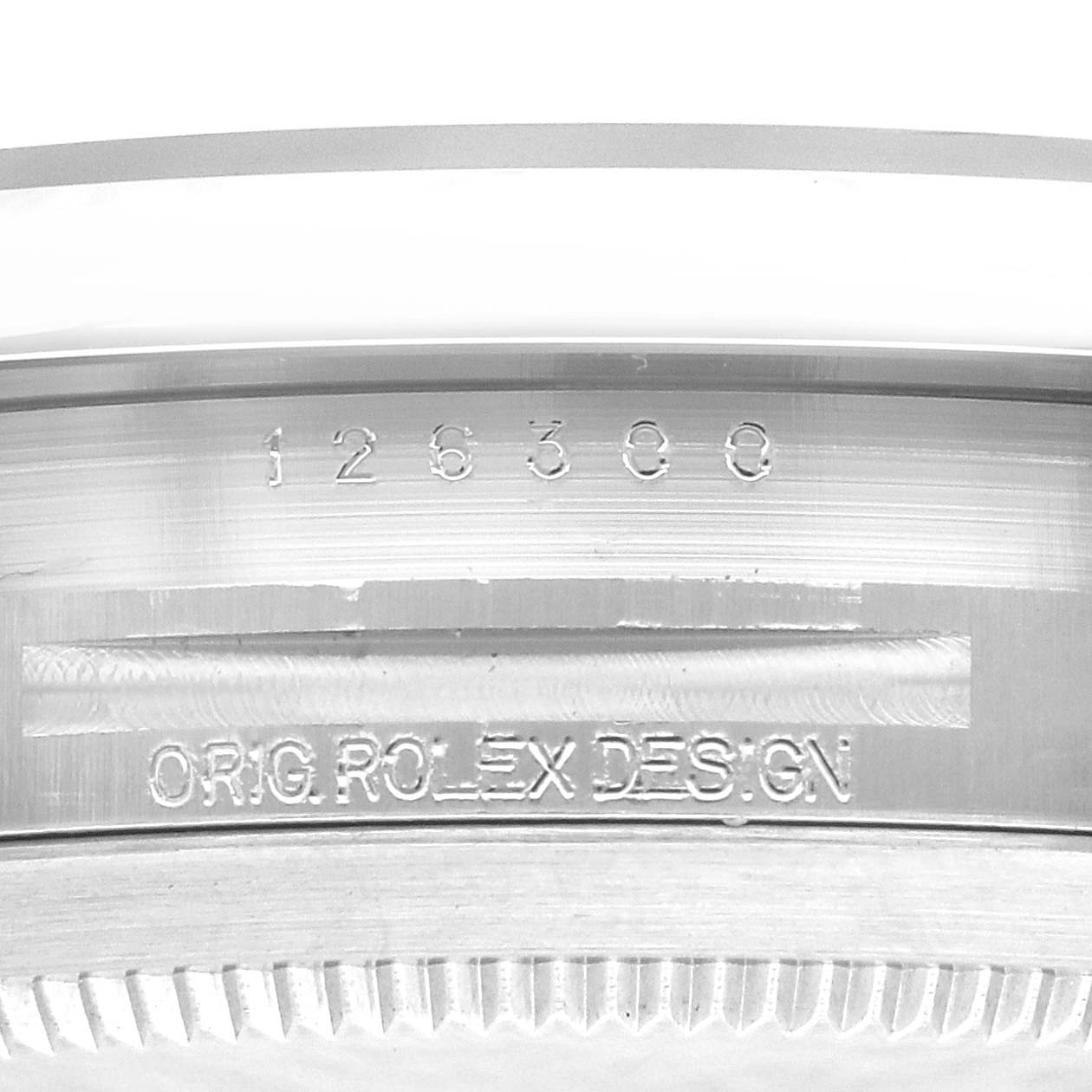 This image shows the side view of a Rolex Datejust 41 126300 Men's Stainless Steel Black Dial 126300 Men's Stainless Steel Black Dial case with the model number and "ORIG. ROLEX DESIGN" engraving.