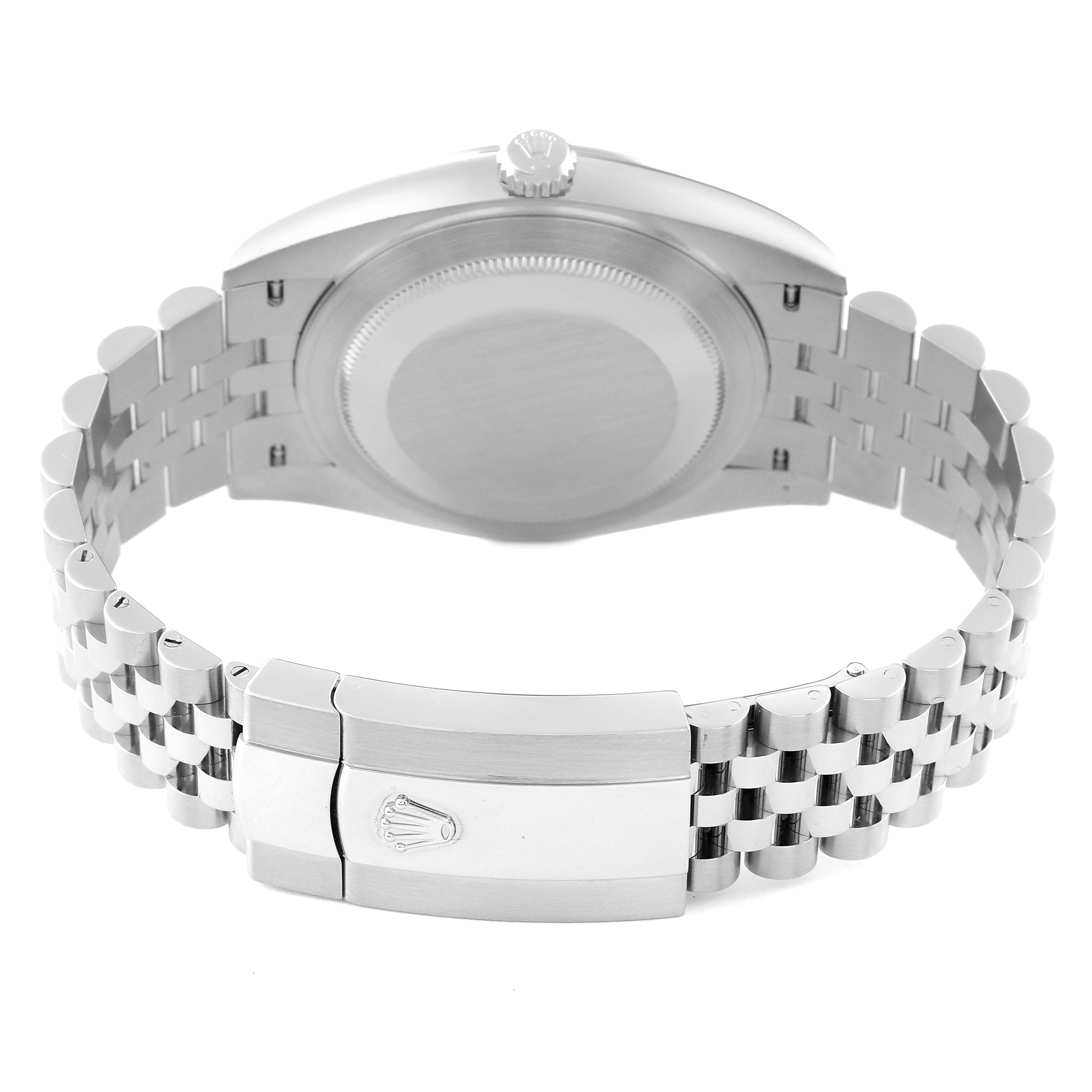 The image shows the back view of the Rolex Datejust 41 126300 Men's Stainless Steel Black Dial 126300 Men's Stainless Steel Black Dial watch, emphasizing the case back and Jubilee bracelet with the clasp.